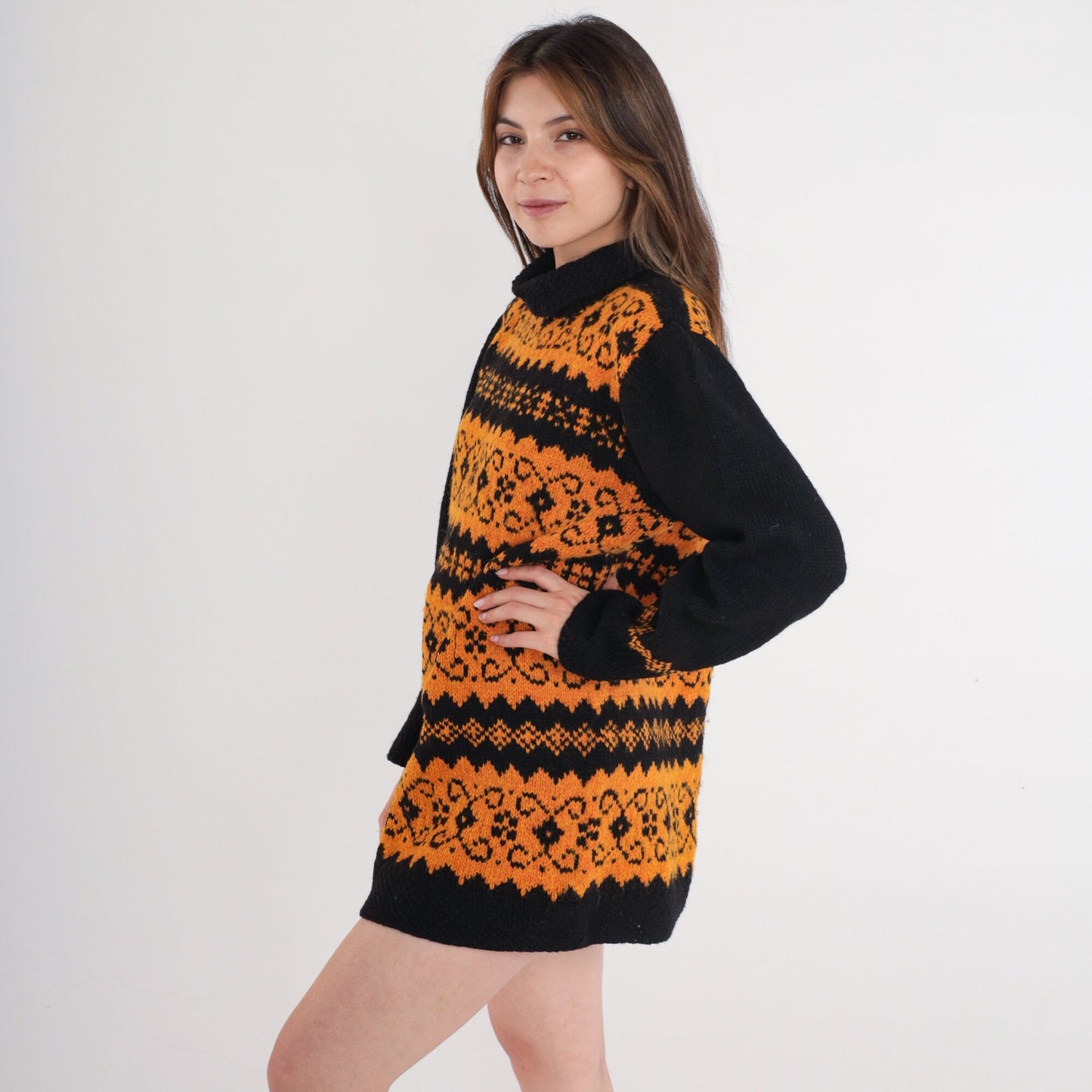 80s Fair Isle Sweater Orange Black Mock Neck Nordic Knit Medium Large
