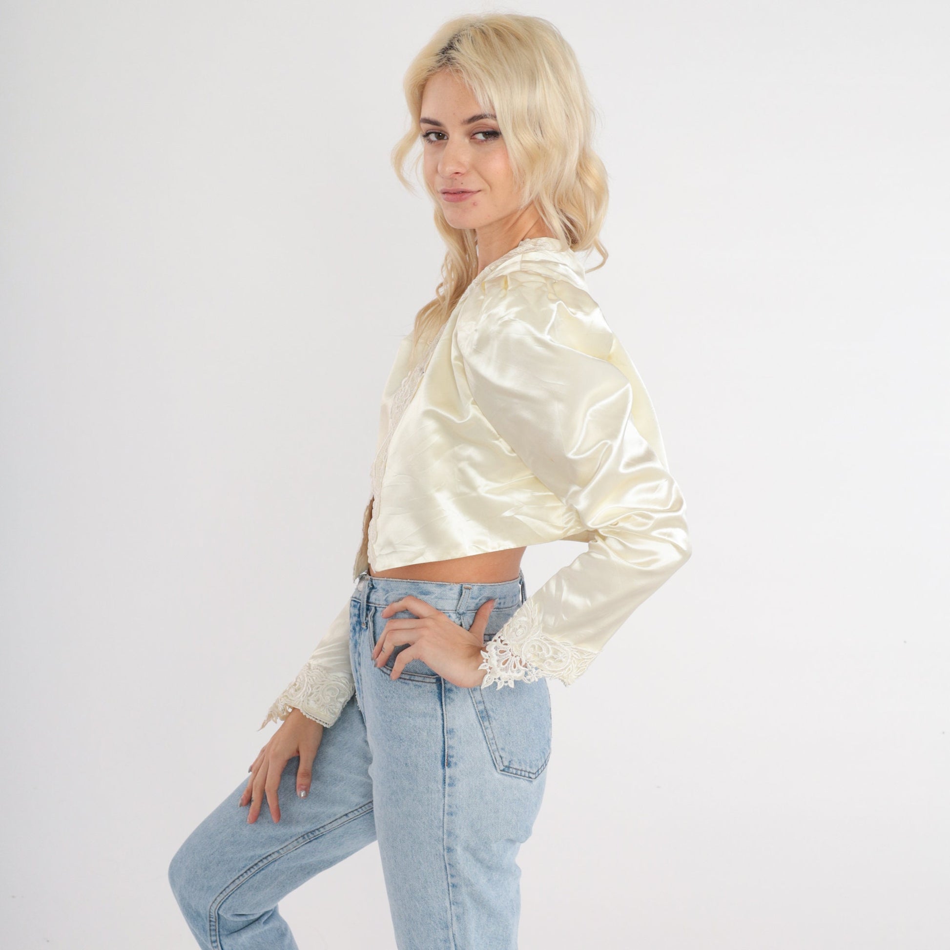 80s Jessica McClintock Cream Satin Cropped Jacket Puff Sleeve Lace Trim Extra Small