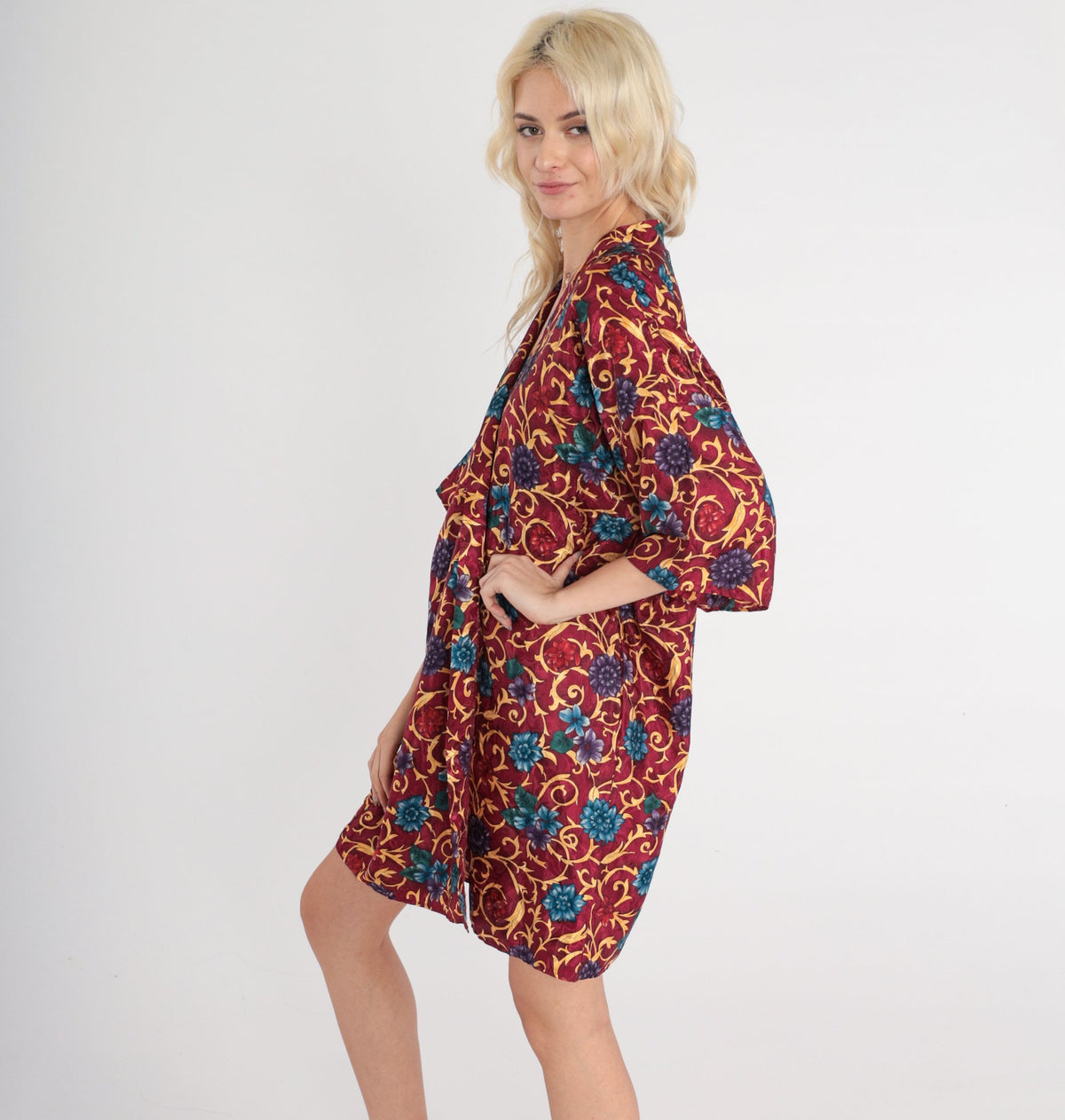 90s L.A Intimates Burgundy Floral Kimono Robe Mini Wrap Medium M
