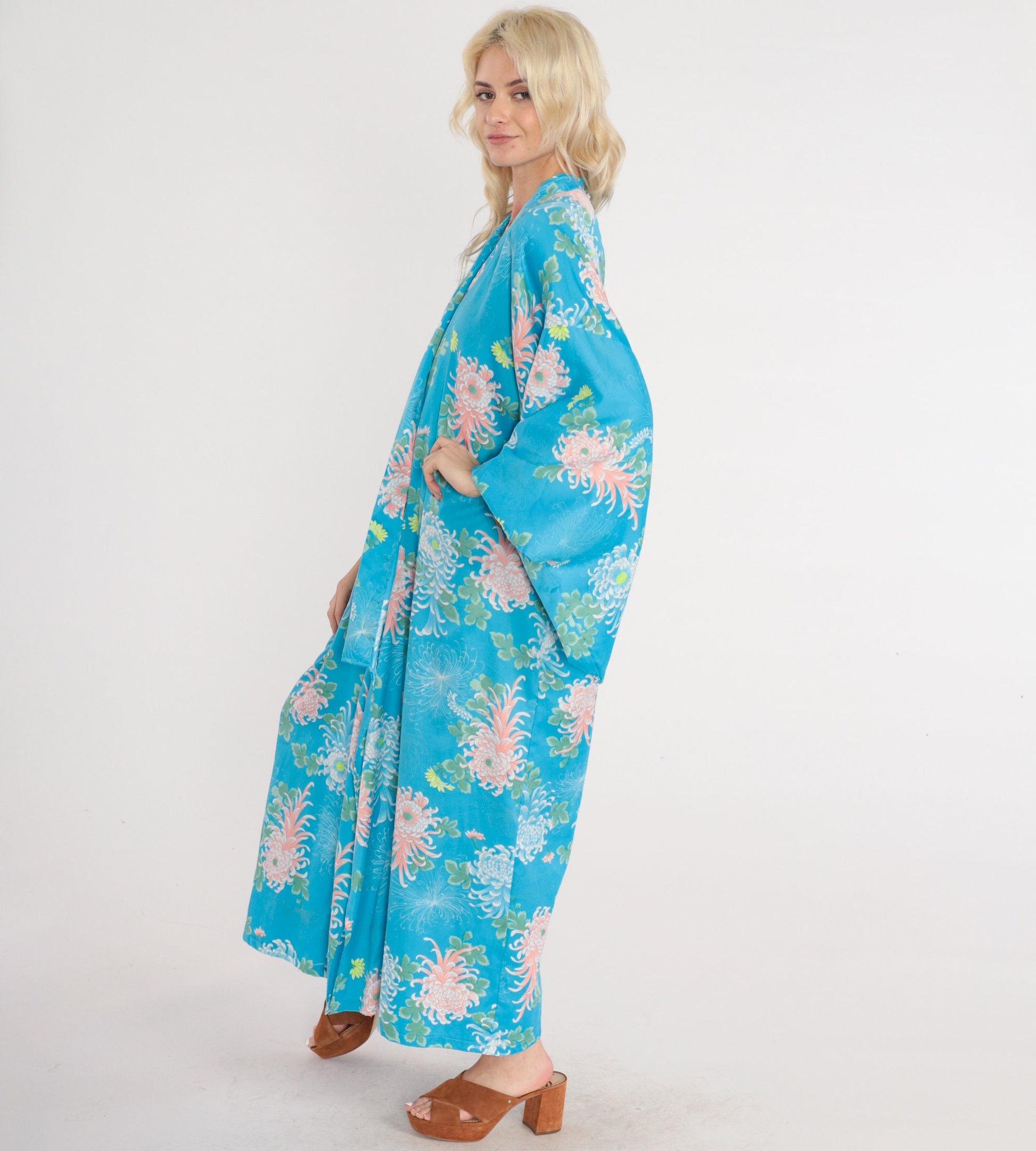 90s Blue Floral Kimono Robe Maxi Open Front Japanese Print Medium Large
