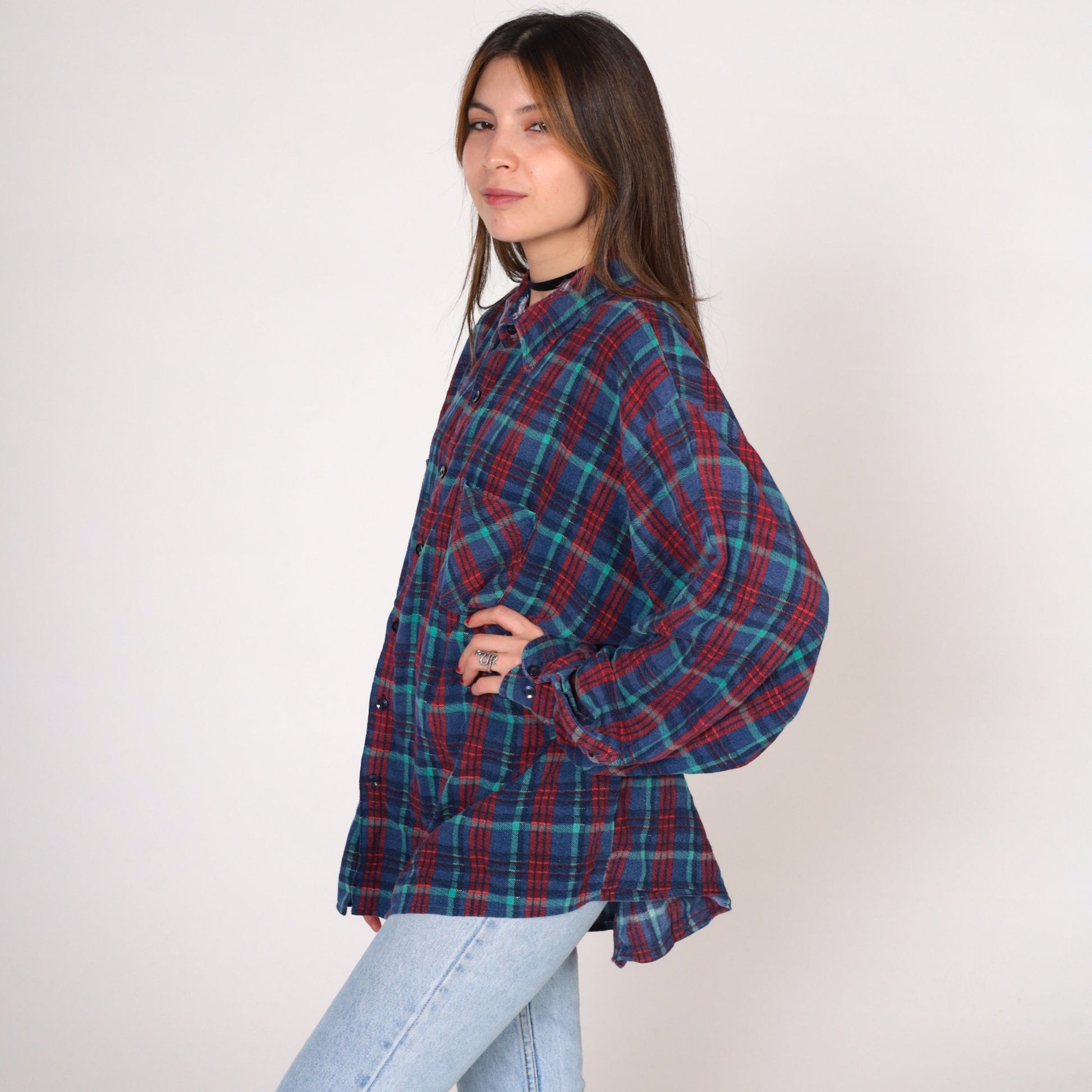 90s Saugatuck Dry Goods Flannel Shirt Blue Red Plaid Cotton Button Up Extra Extra Large XXL