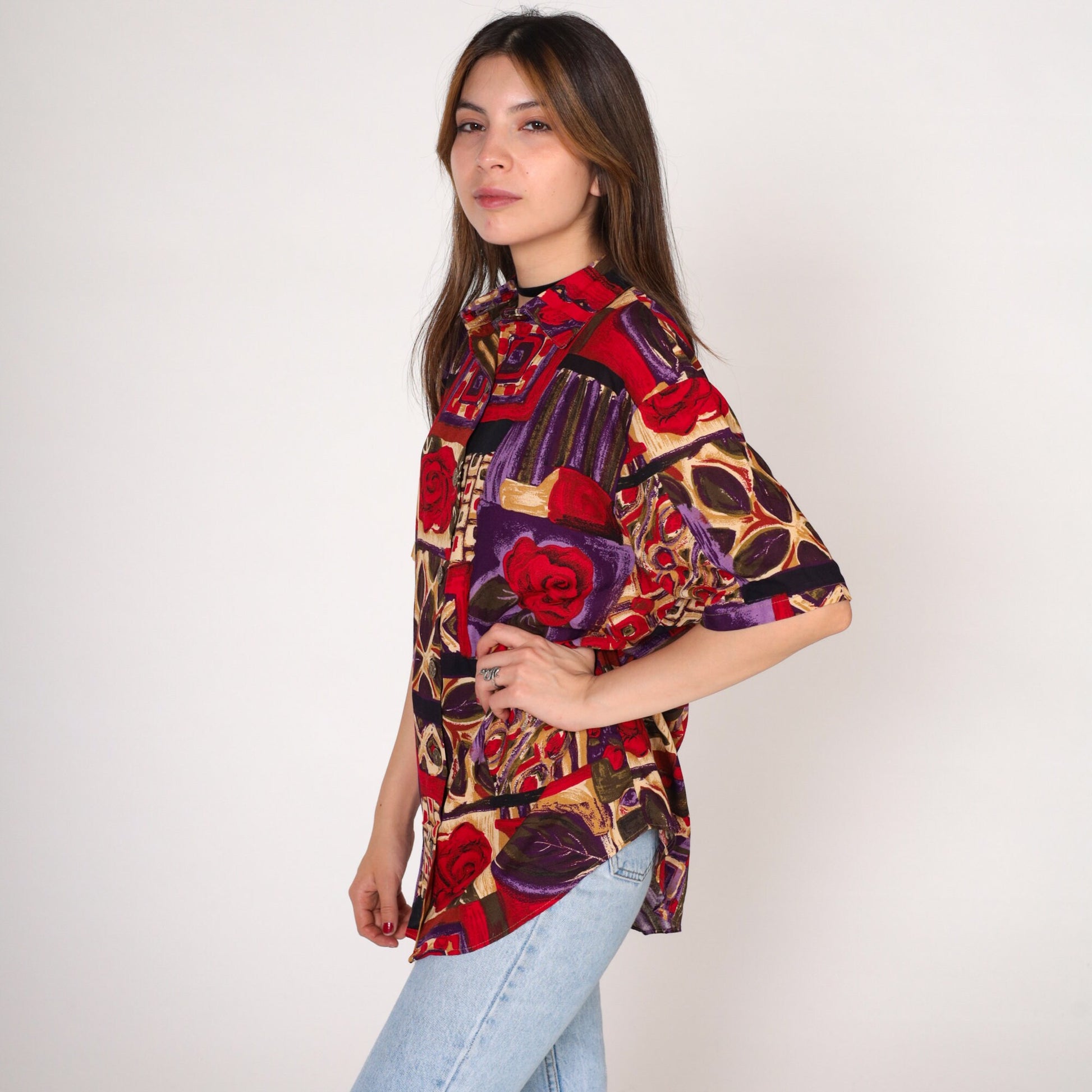 90s Jessica Scott Floral Button-Up Blouse Short Sleeve Rose Print Red Purple Medium