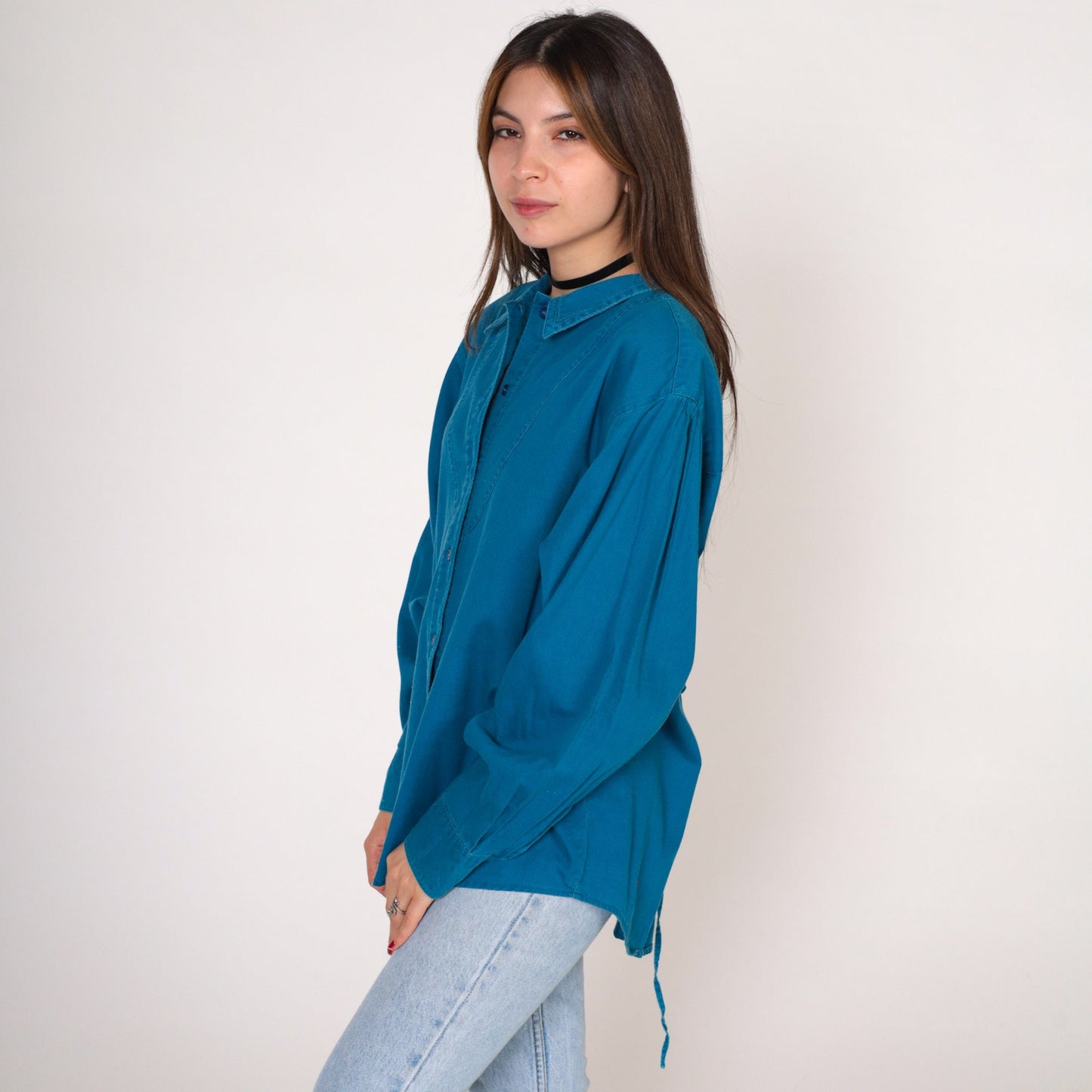 90s Wrangler Blue Western Blouse Lace-Up Back Button-Up Long Sleeve Medium