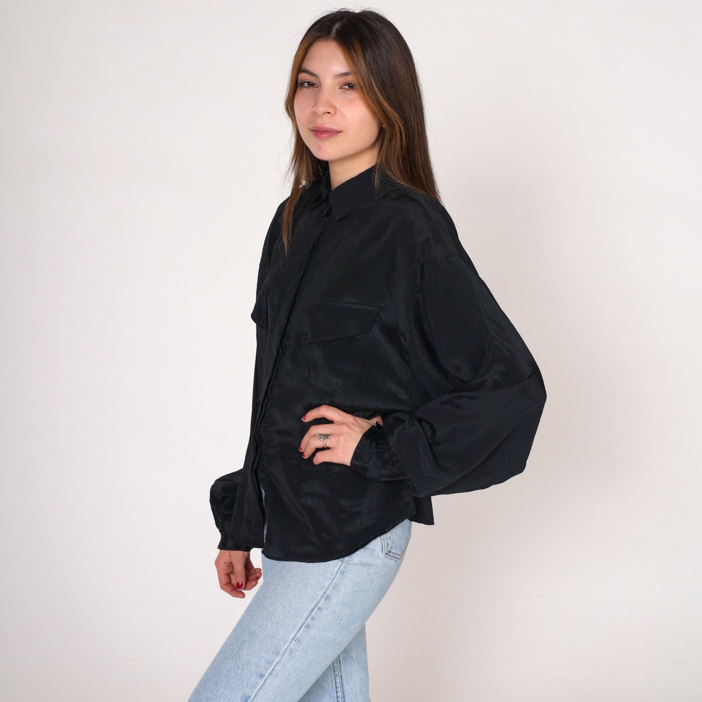 90s Forenza Black Button-Up Blouse Shiny Striped Long Sleeve Collared Medium