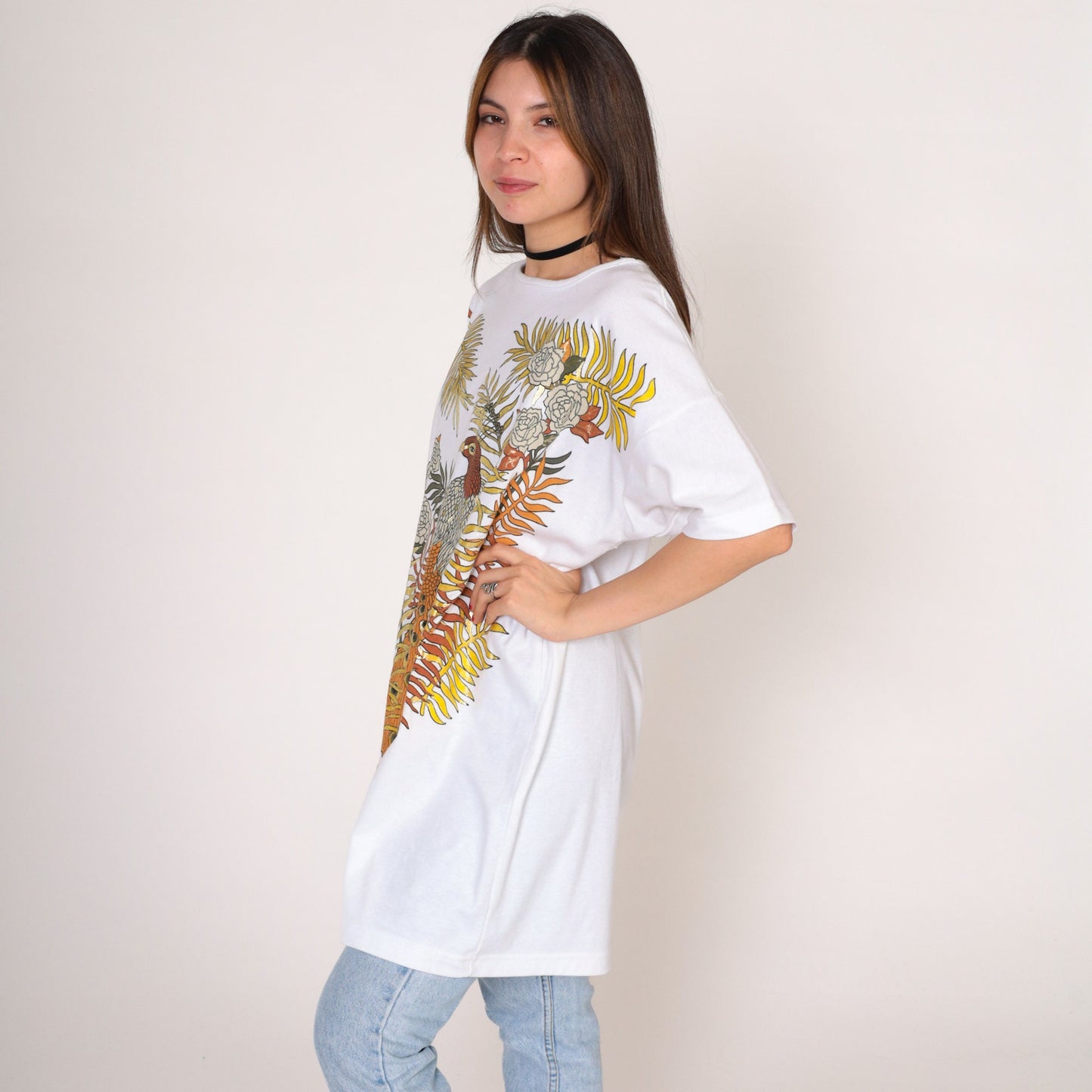 90s Peacock Metallic Gold Graphic T-Shirt Dress White Large L