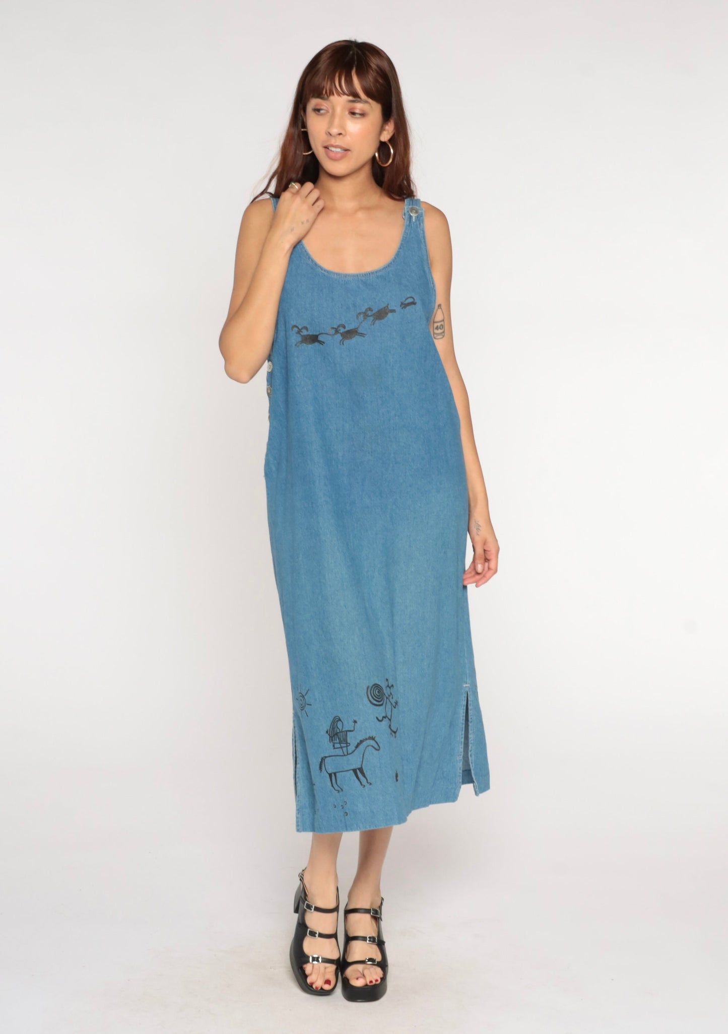 90s Boston Classics Denim Midi Dress Petroglyph Print Blue Large L