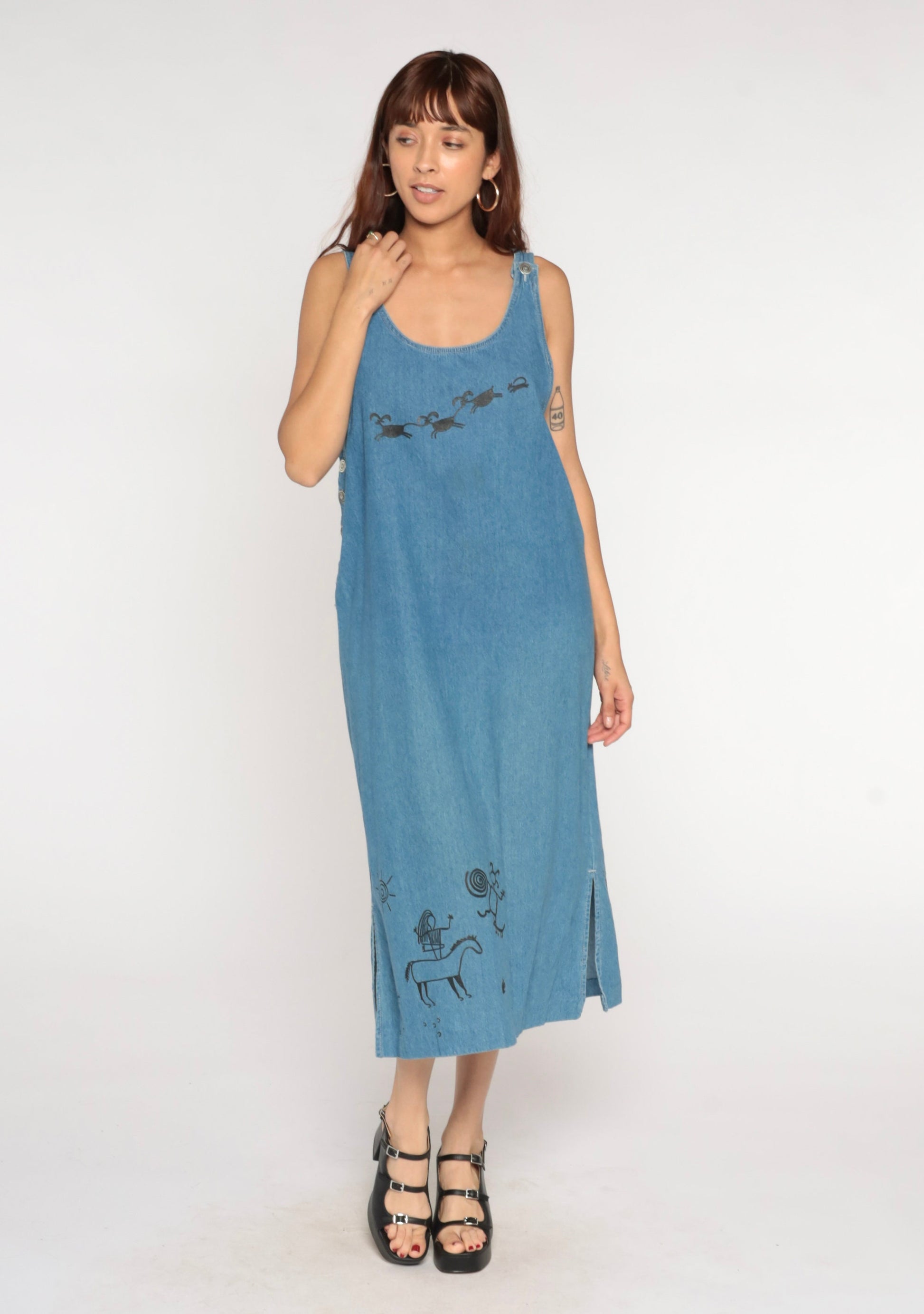 90s Boston Classics Denim Midi Dress Petroglyph Print Blue Large L