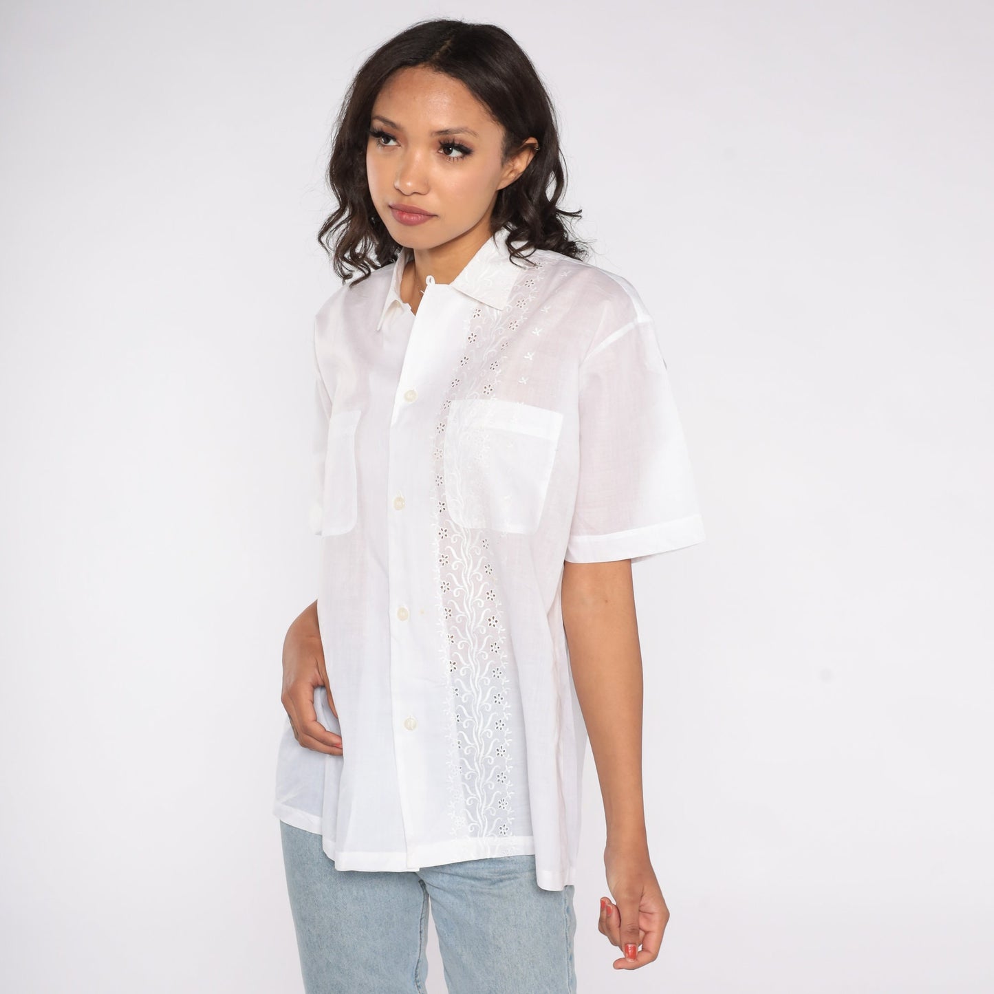 80s Harilelas White Floral Eyelet Cotton Shirt Short Sleeve Men's Medium