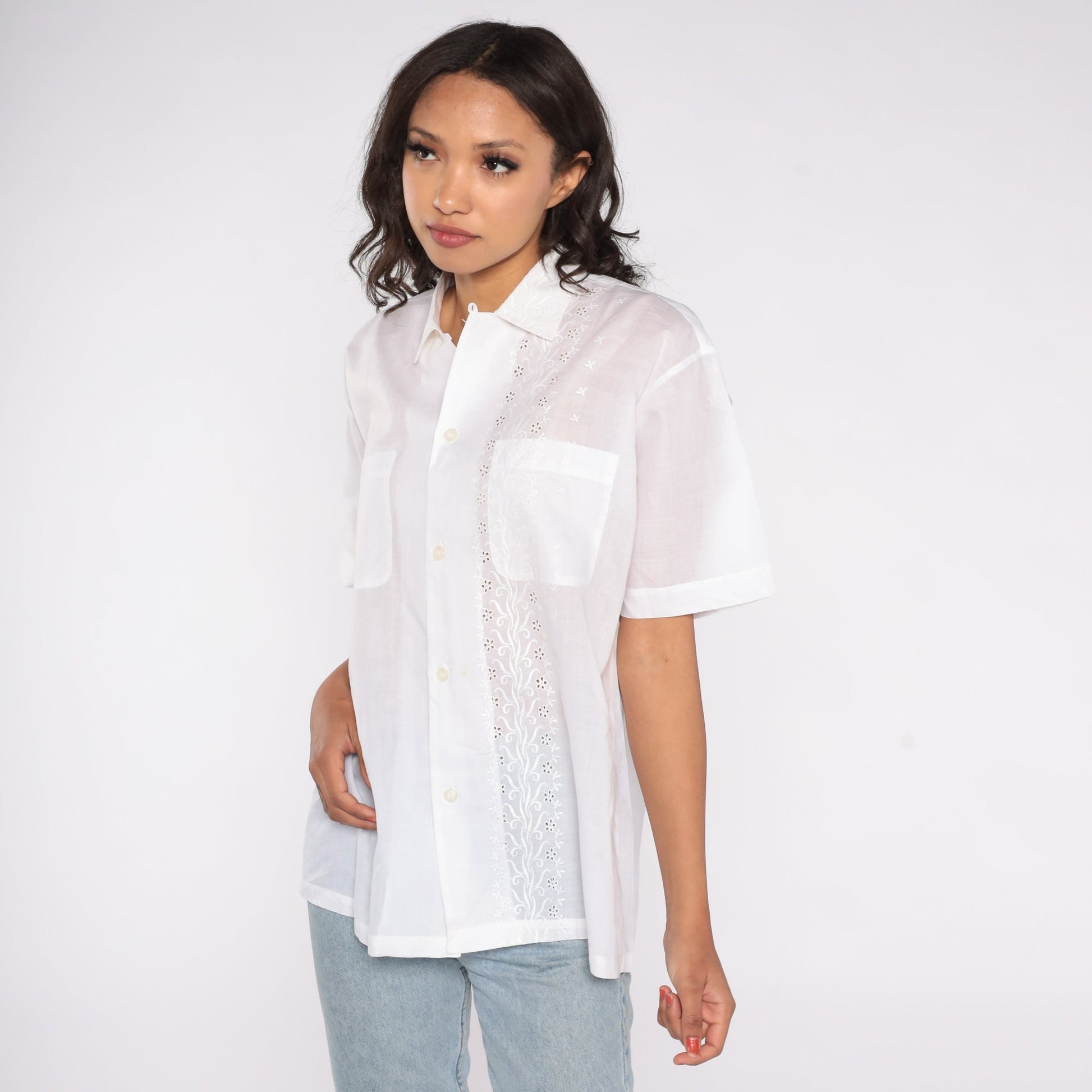 80s Harilelas White Floral Eyelet Cotton Shirt Short Sleeve Men's Medium