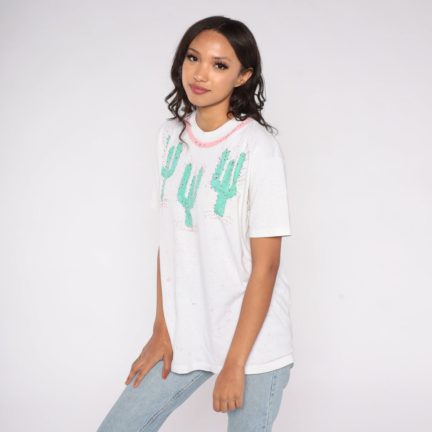 90s Saguaro Cactus Rhinestone Paint Splatter Graphic Tee White Medium