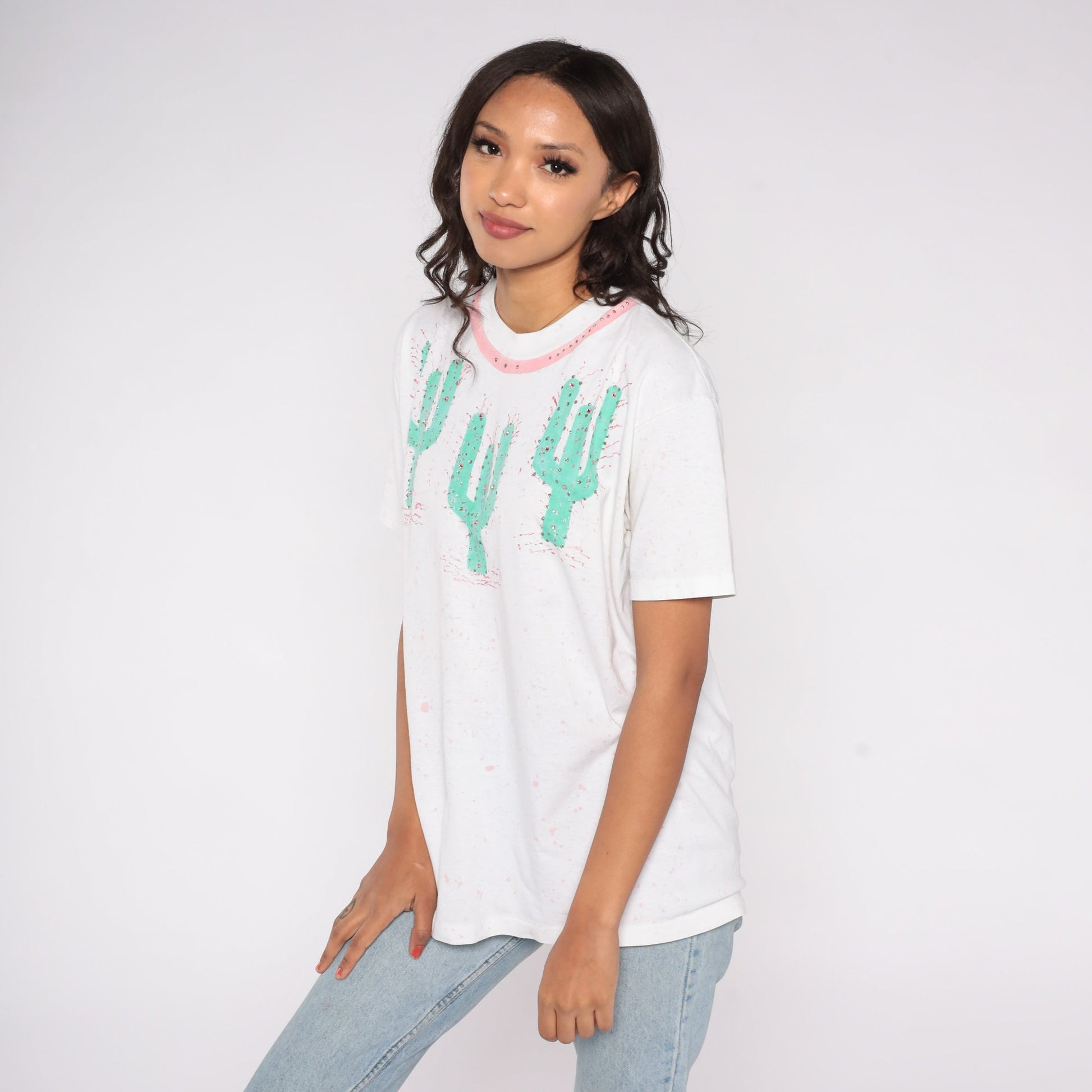 90s Saguaro Cactus Rhinestone Paint Splatter Graphic Tee White Medium