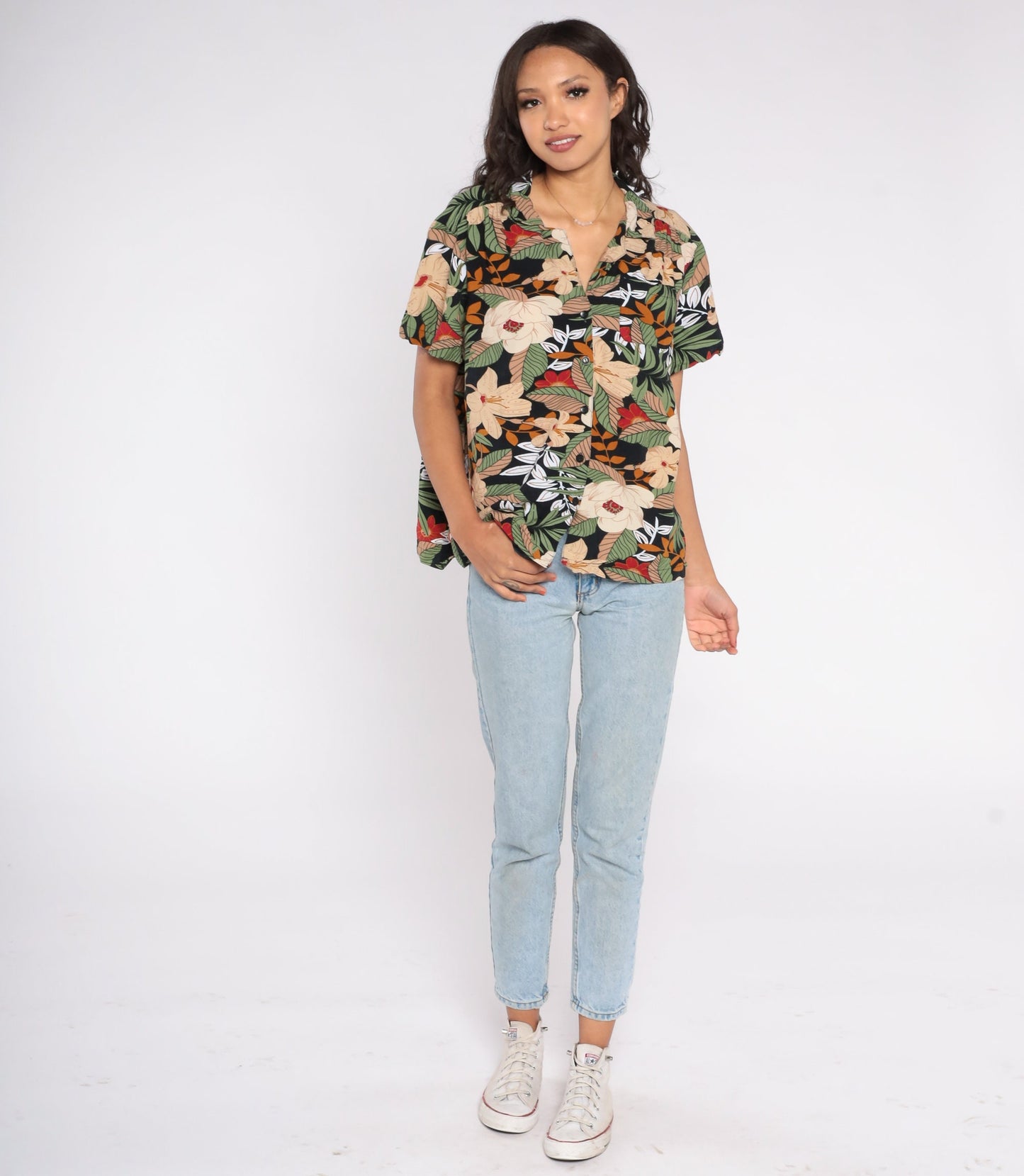 90s Tropical Floral Button Up Blouse Tan Leaf Print Short Sleeve Large L