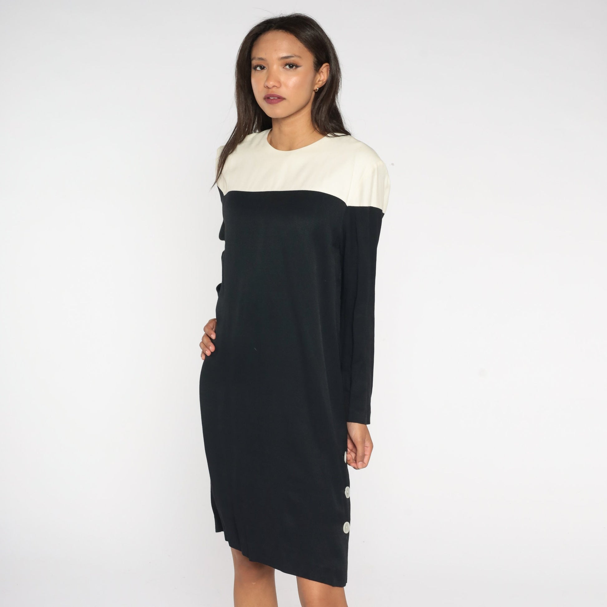 80s Color Block Shift Dress Black White Midi Long Sleeve Medium