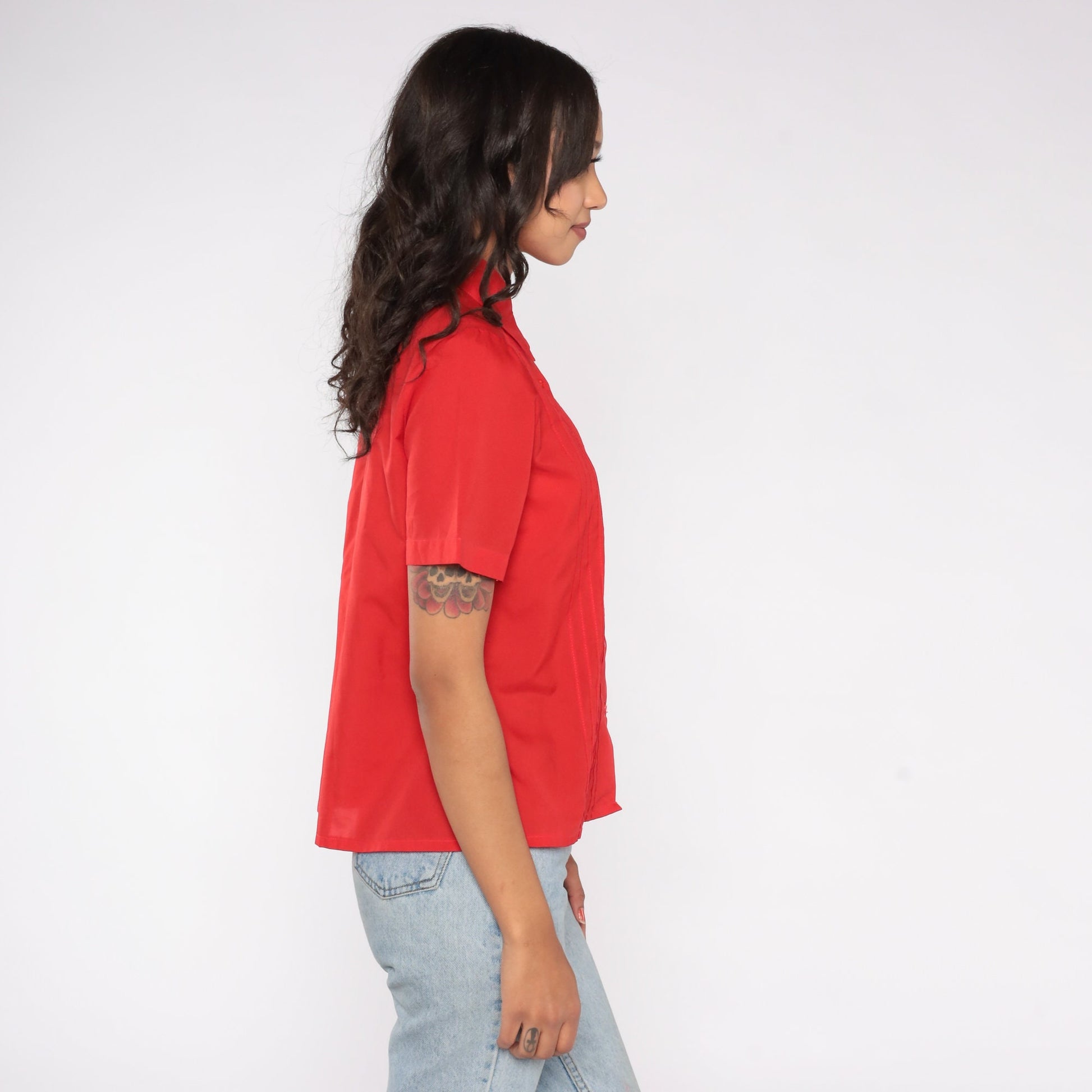 80s Judy Bond Red Button-Up Blouse Pleated Chest Short Sleeve Small S
