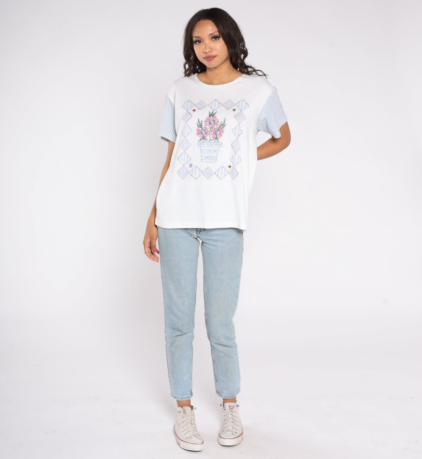 90s Floral Beaded T-Shirt White Glitter Graphic Tee Rhinestone Medium
