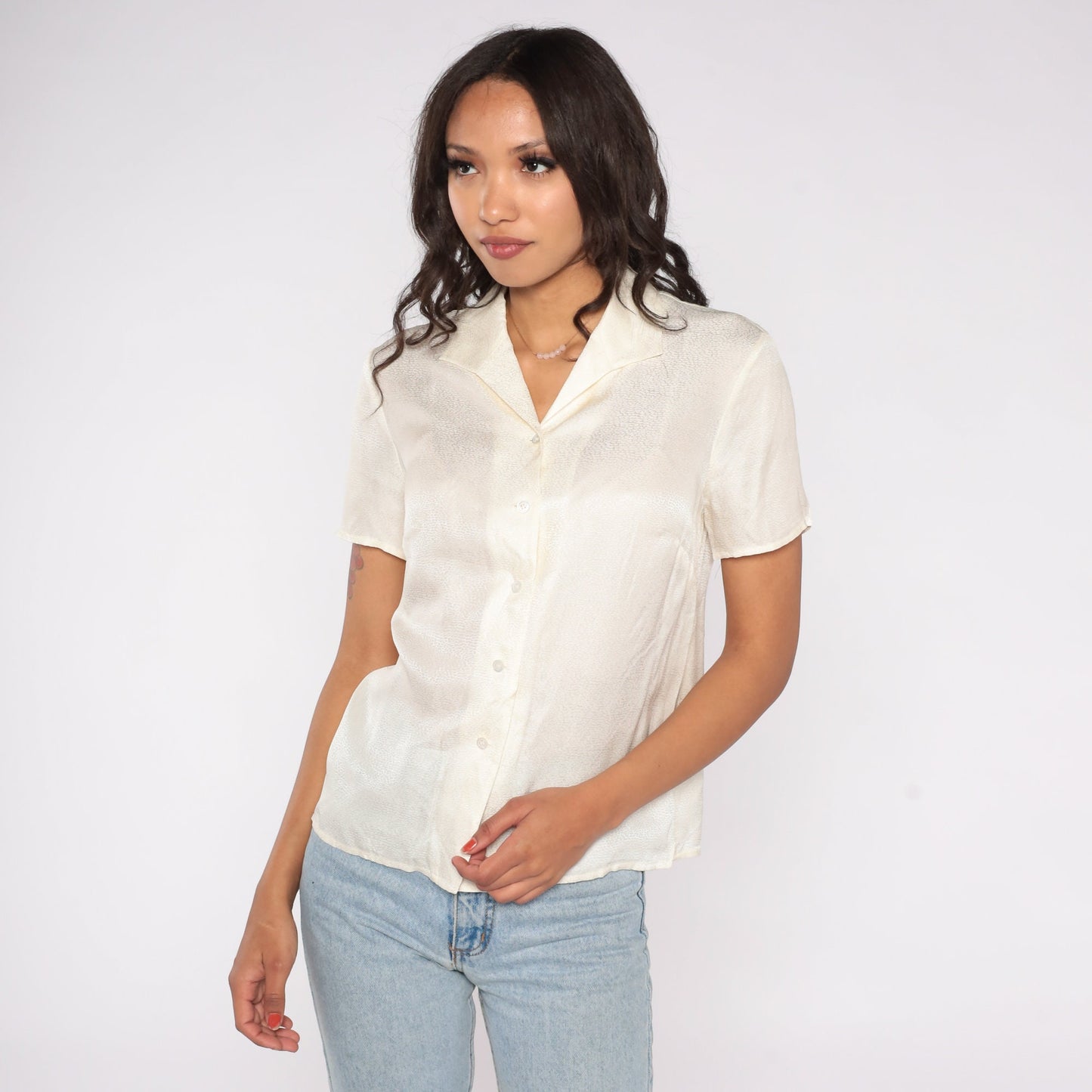 Y2K Liz Claiborne White Snakeskin Print Silk Blouse Short Sleeve Small