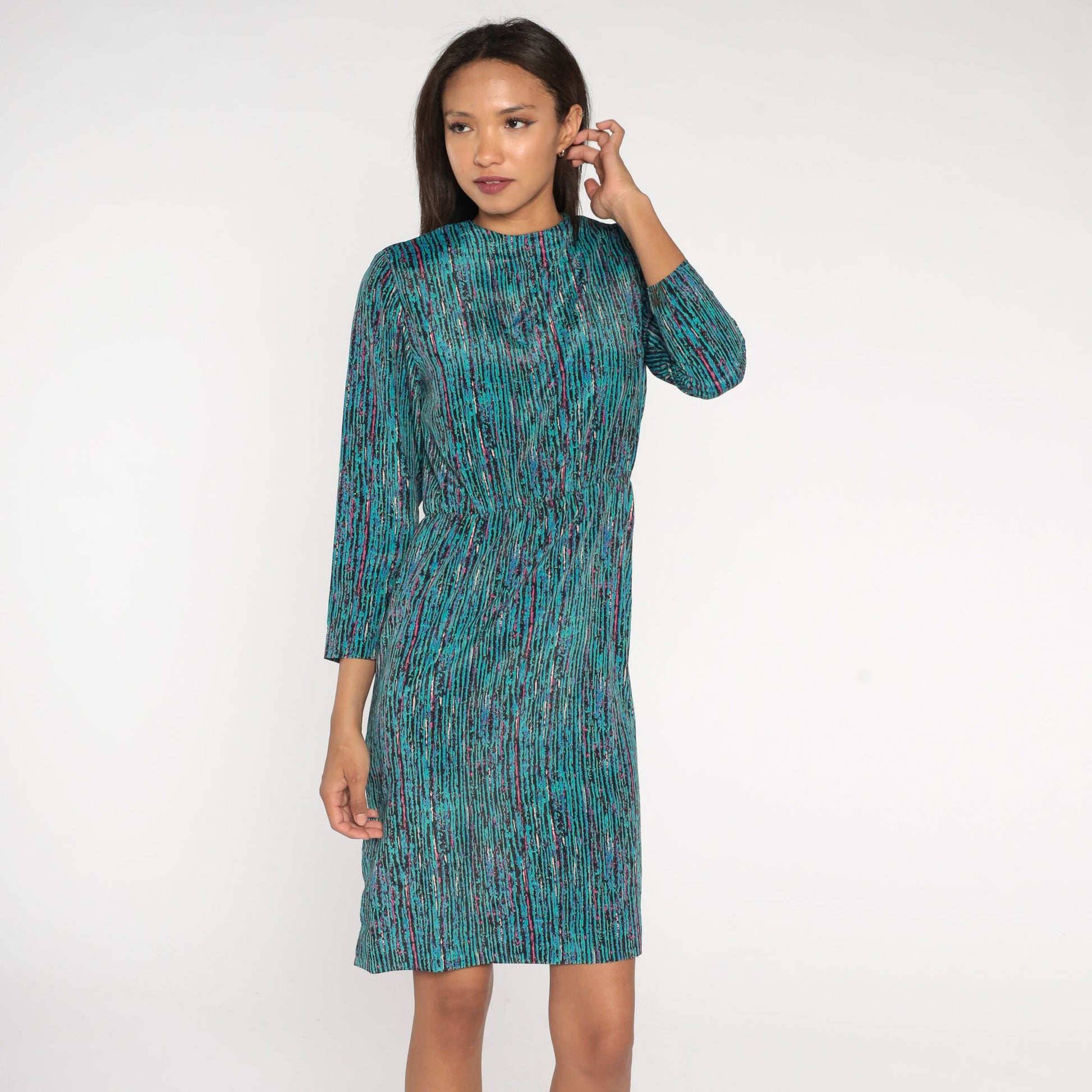 80s Turquoise Striped Midi Dress High Waist Long Sleeve Small S