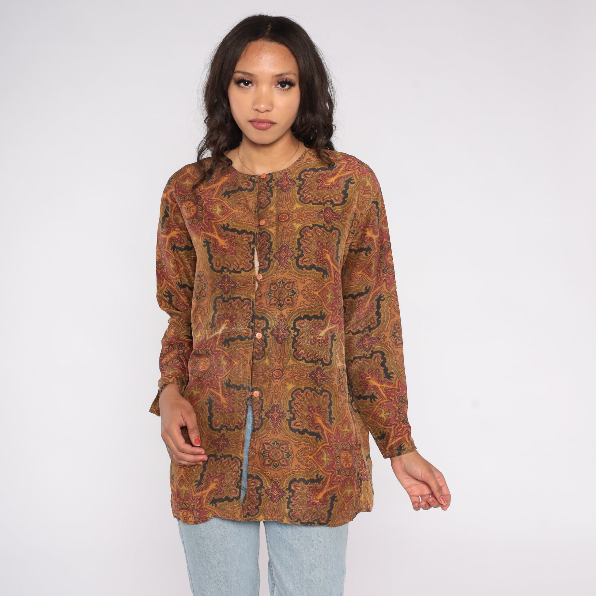 90s Geometric Print Button-Up Blouse Brown Yellow Long Sleeve Large L