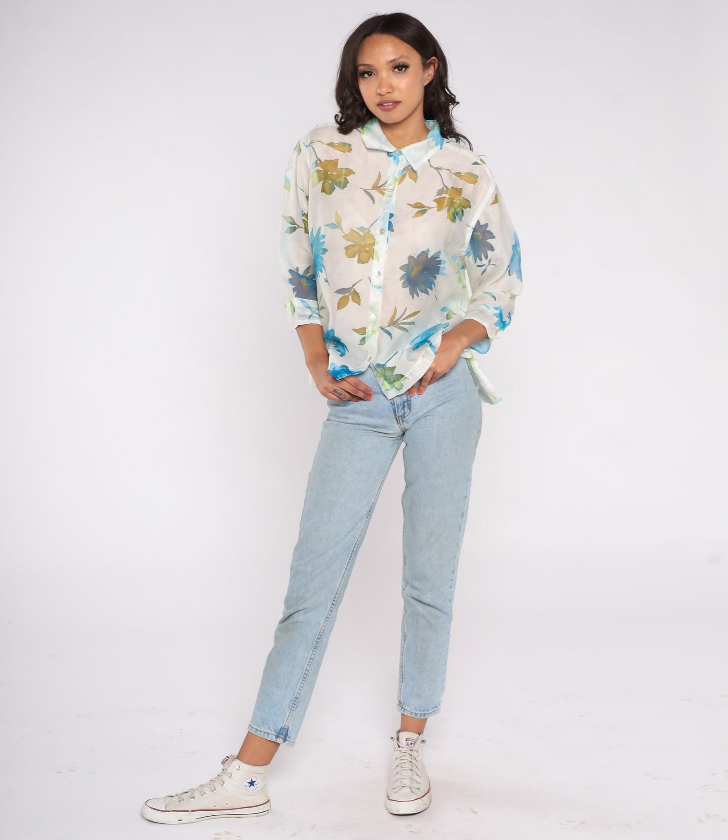 Y2K Sheer Floral White Button-Up Blouse Long Sleeve Collar Extra Large