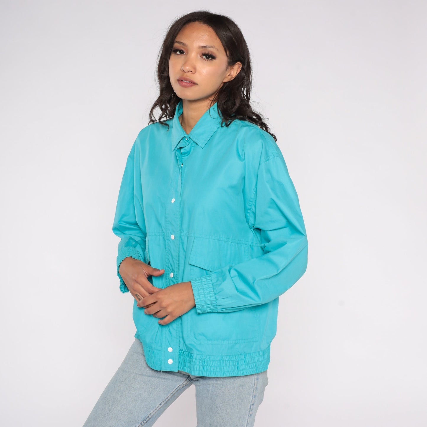 80s Koret Windbreaker Jacket Turquoise Blue Snap Button Large