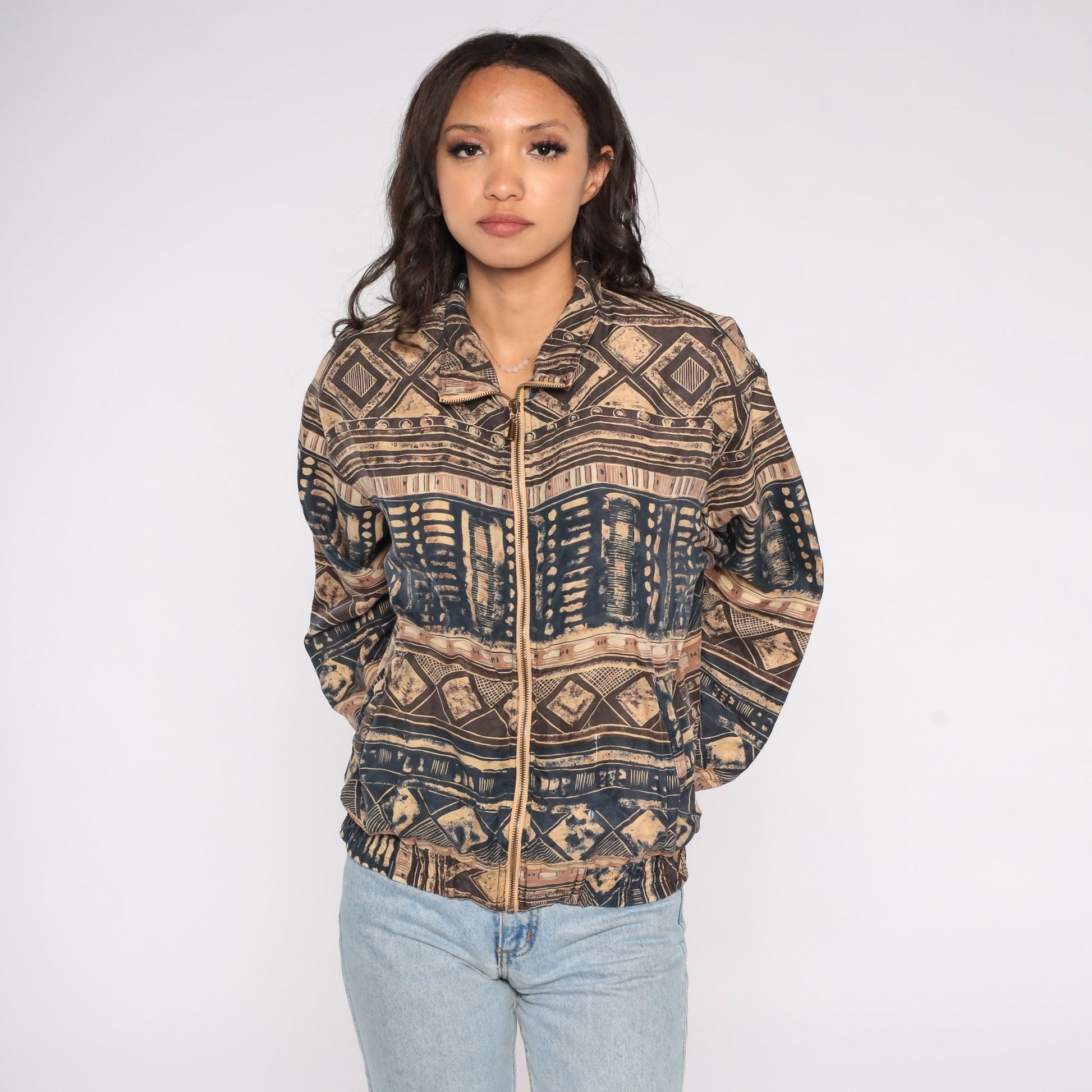 90s East West Silk Windbreaker Geometric Print Zip Jacket Small