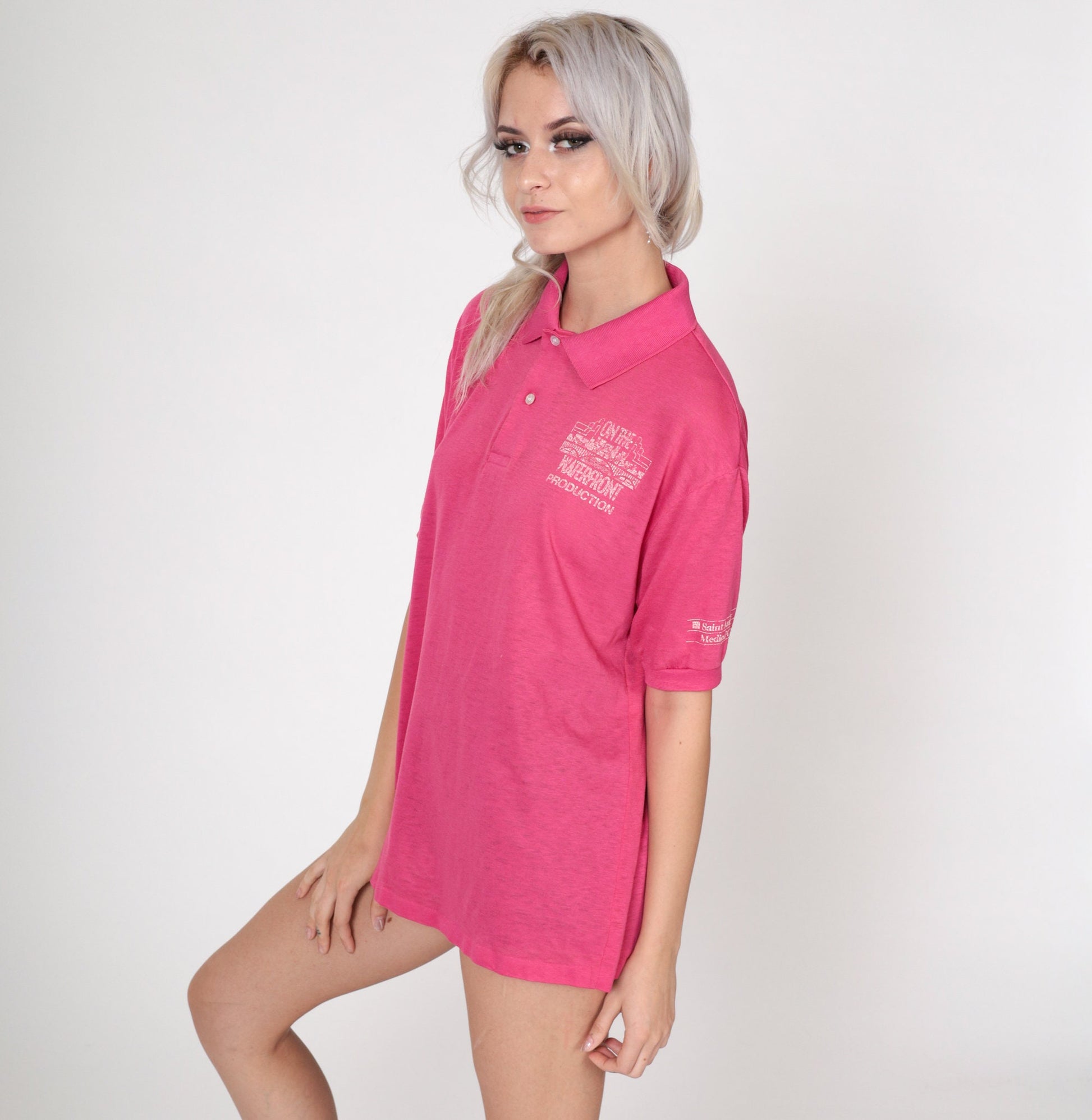 90s On The Waterfront Production Polo Shirt Pink Collared Medium