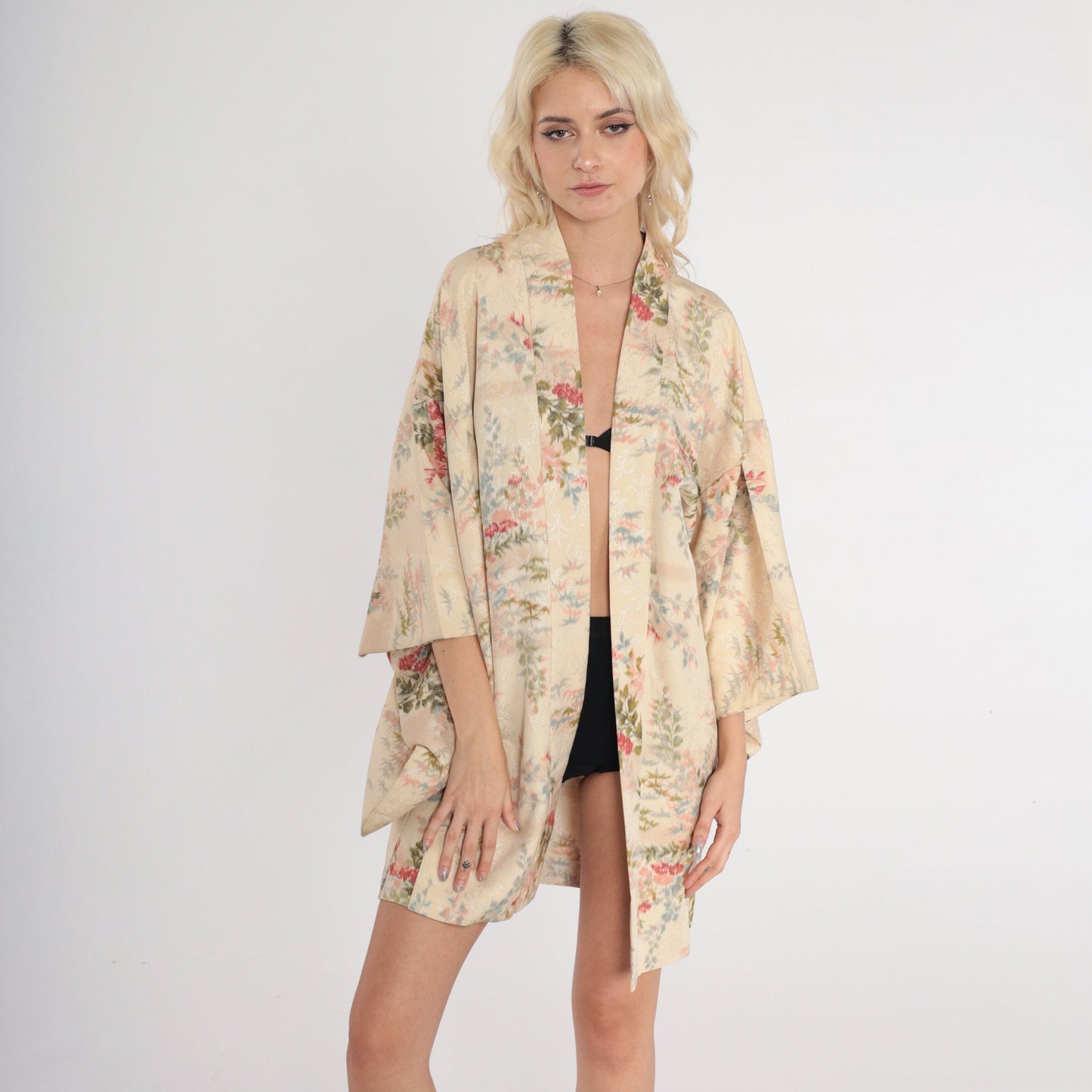 70s Metallic Floral Kimono Robe Cream Asian Print Mini Open Front Small Medium