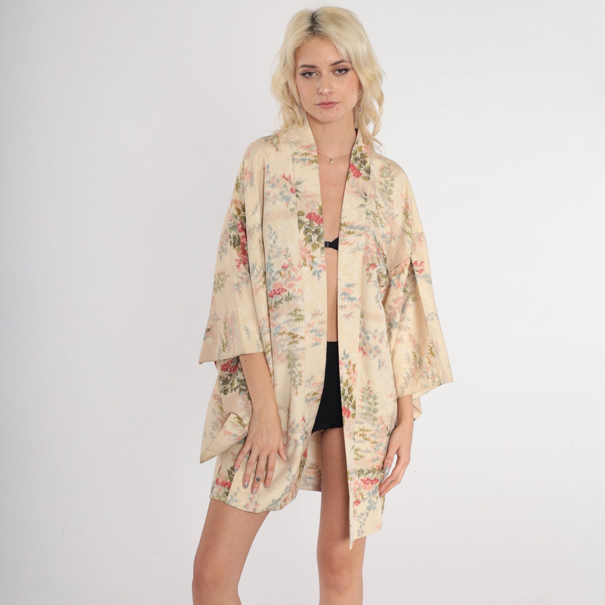 70s Metallic Floral Kimono Robe Cream Asian Print Mini Open Front Small Medium