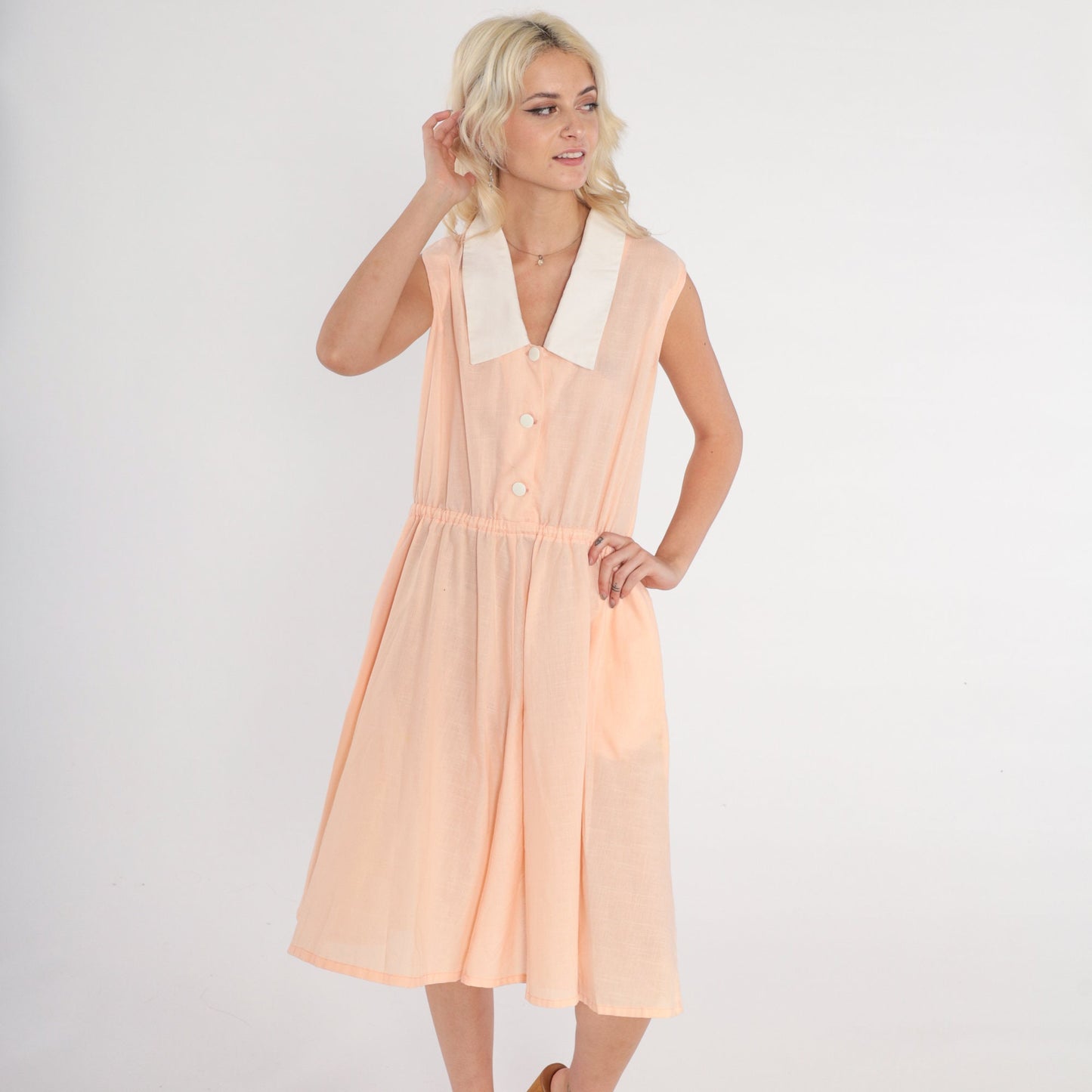 70s Peachy Pink Shirtwaist Dress Sleeveless Midi Collared Button-Up Medium