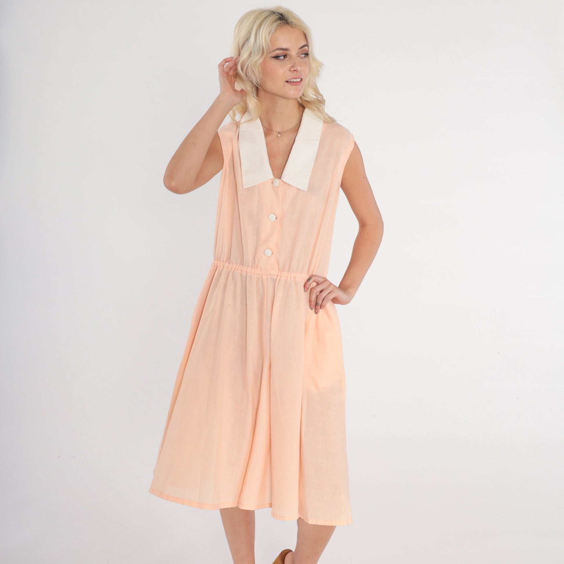 70s Peachy Pink Shirtwaist Dress Sleeveless Midi Collared Button-Up Medium