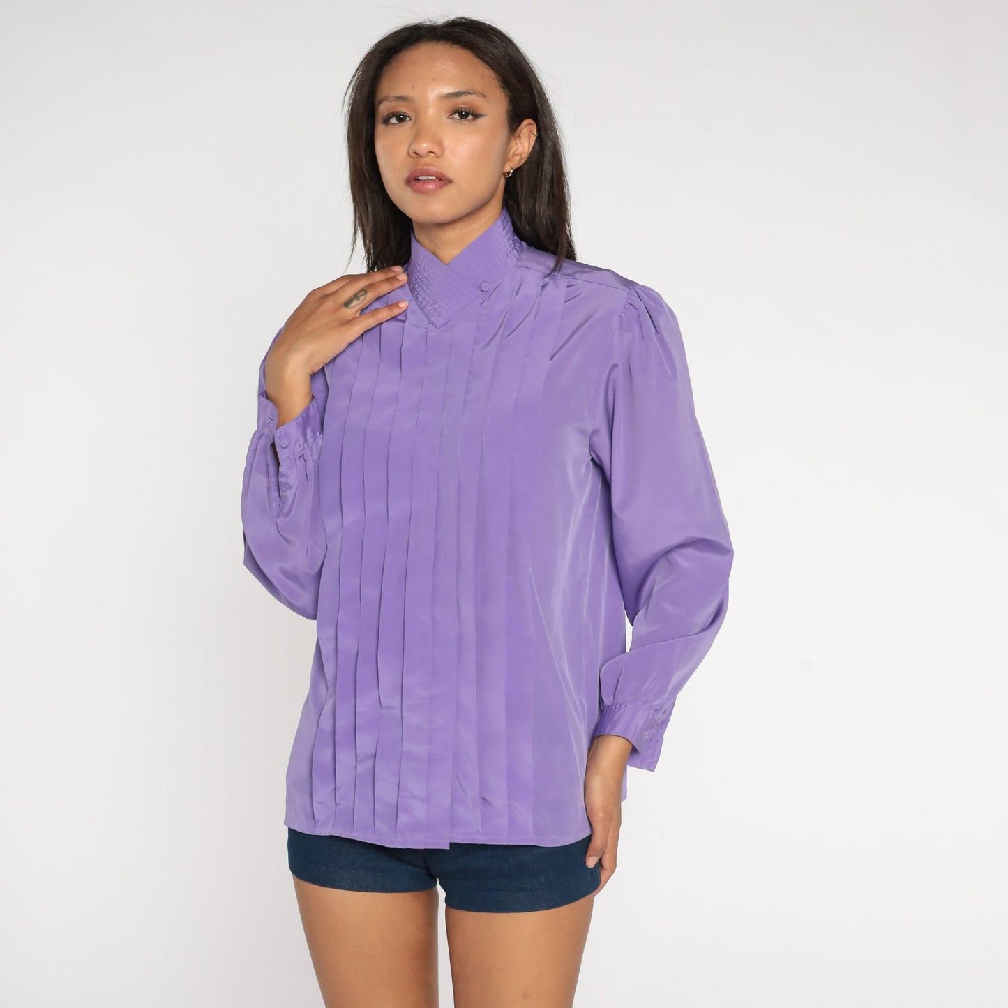 80s Purple Puff Sleeve Blouse Pleated Collared Button-Up Large 12