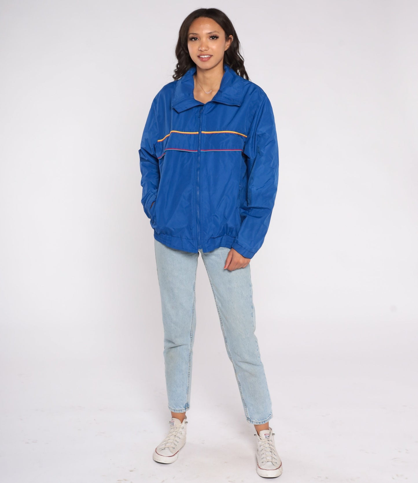90s Blue Striped Windbreaker Jacket Zip Up Nylon Warmup Large