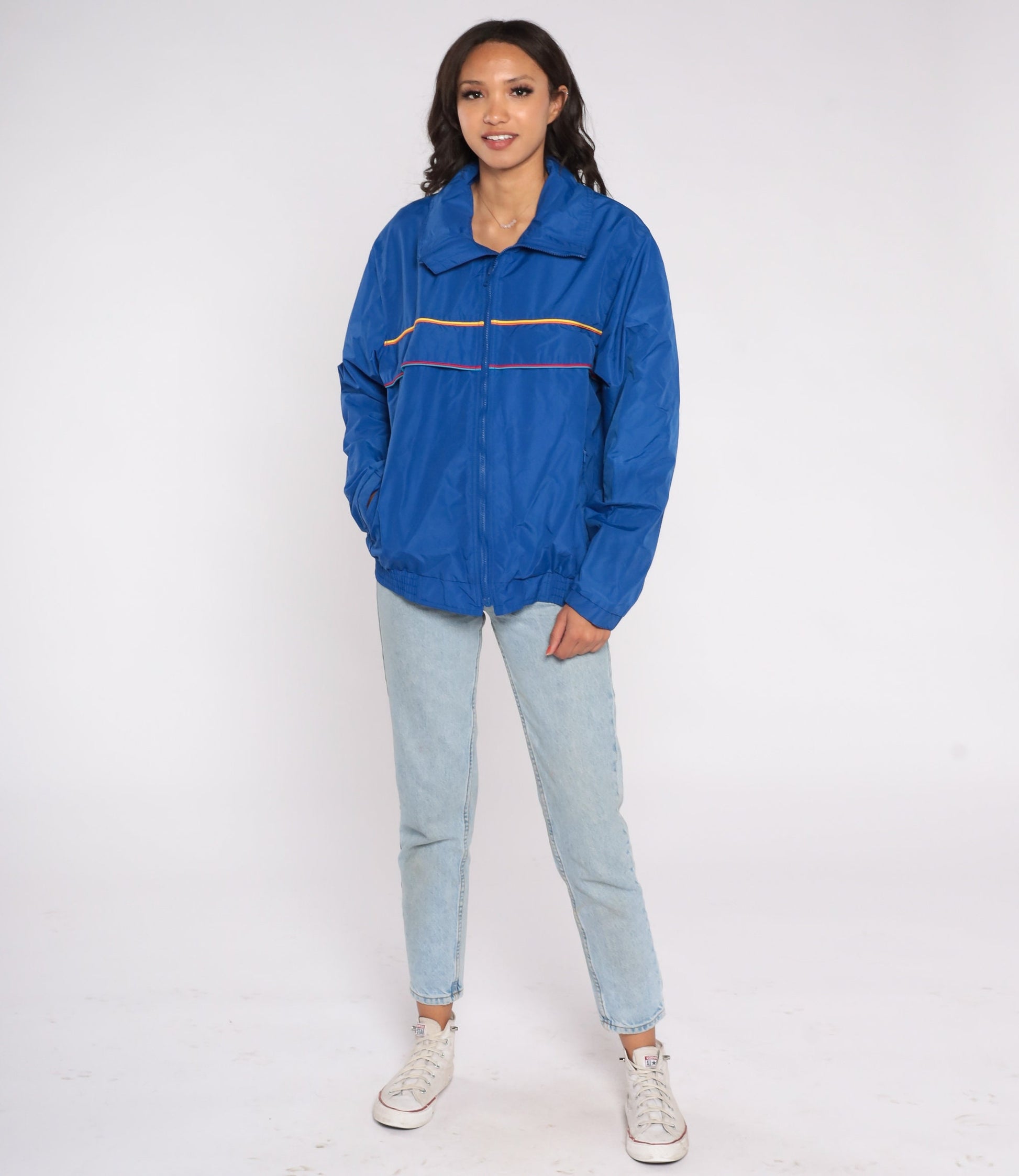 90s Blue Striped Windbreaker Jacket Zip Up Nylon Warmup Large