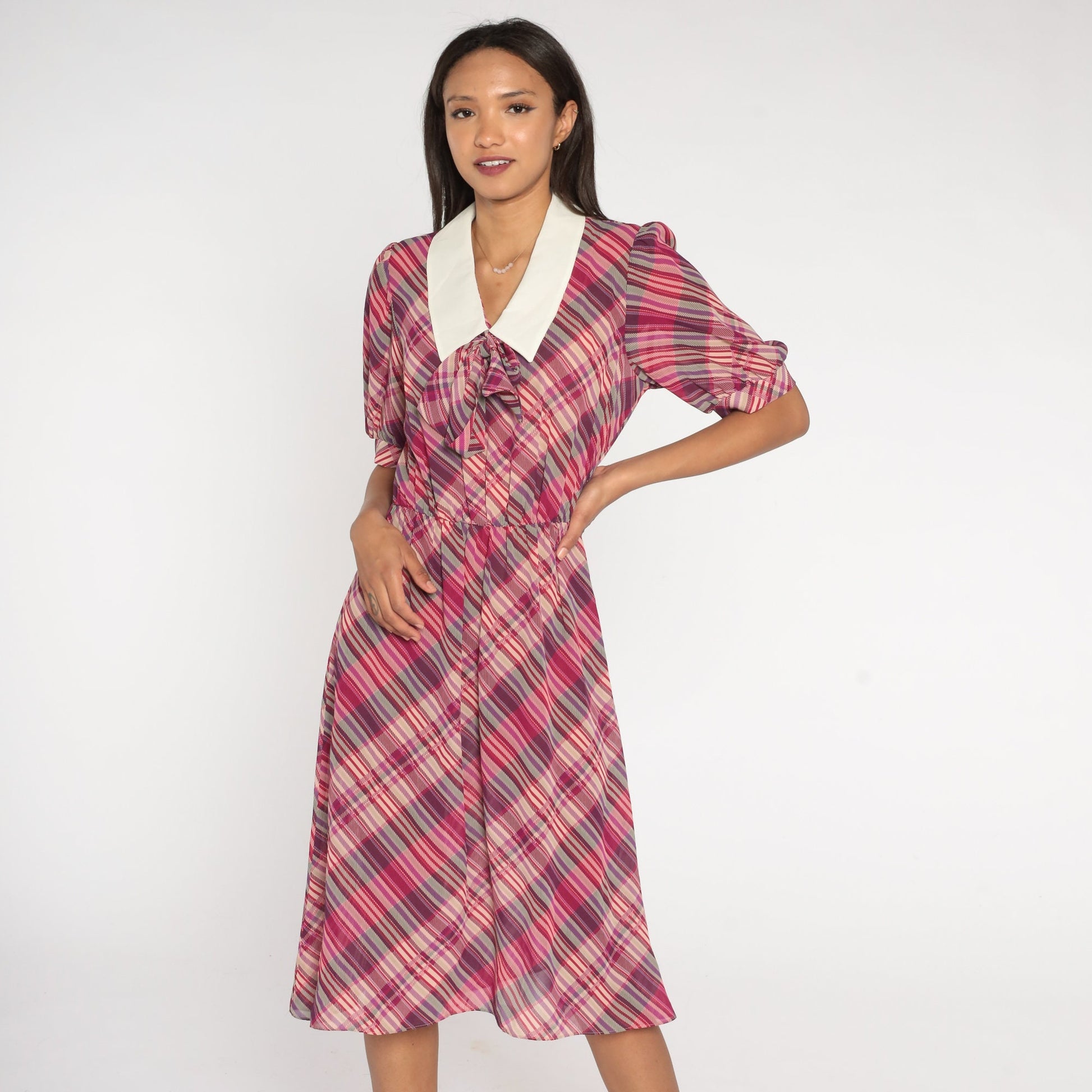 80s Purple Plaid Midi Dress Puff Sleeve Ascot Collar Small Medium