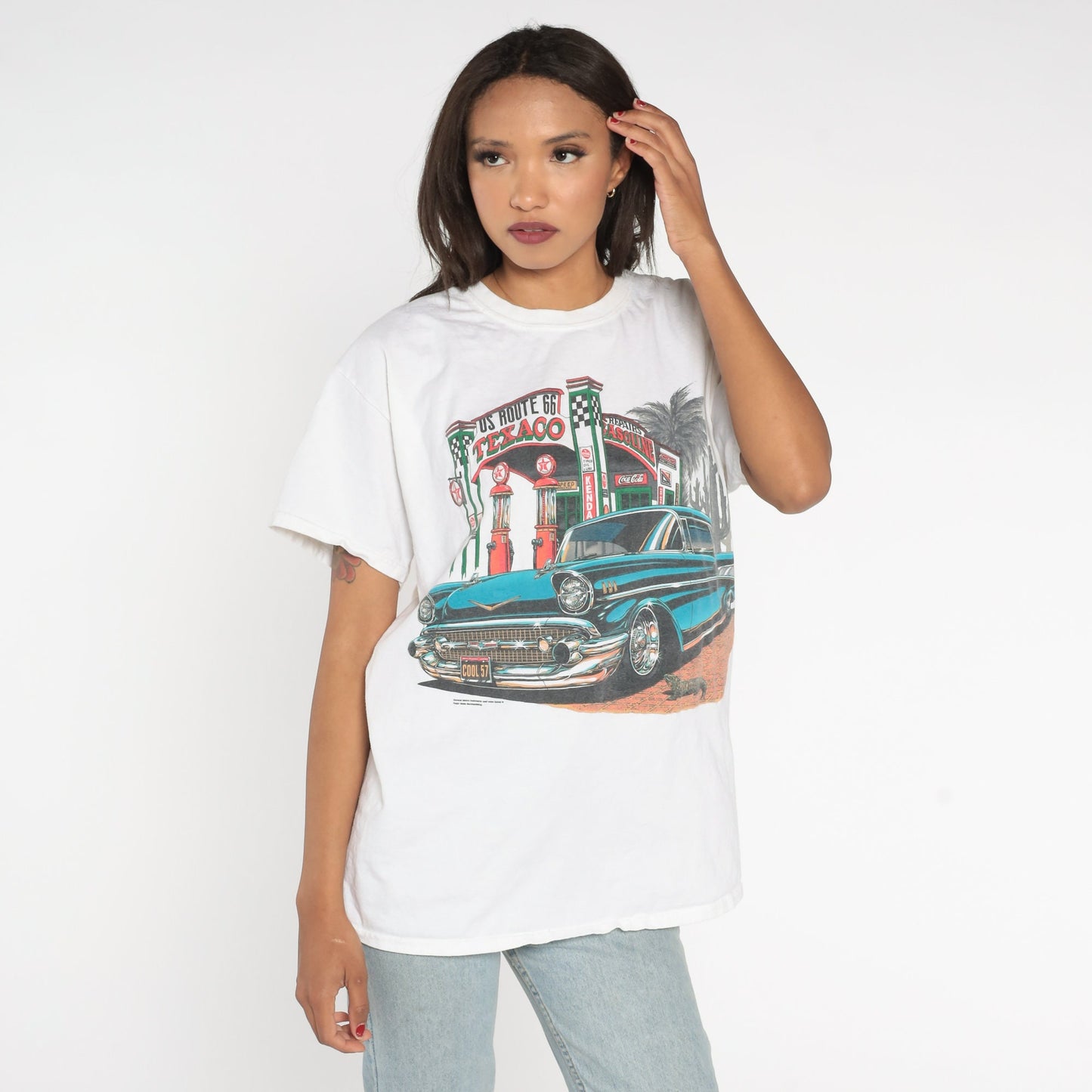 Y2K Route 66 Texaco Classic Car Graphic T-Shirt White Cotton Large L