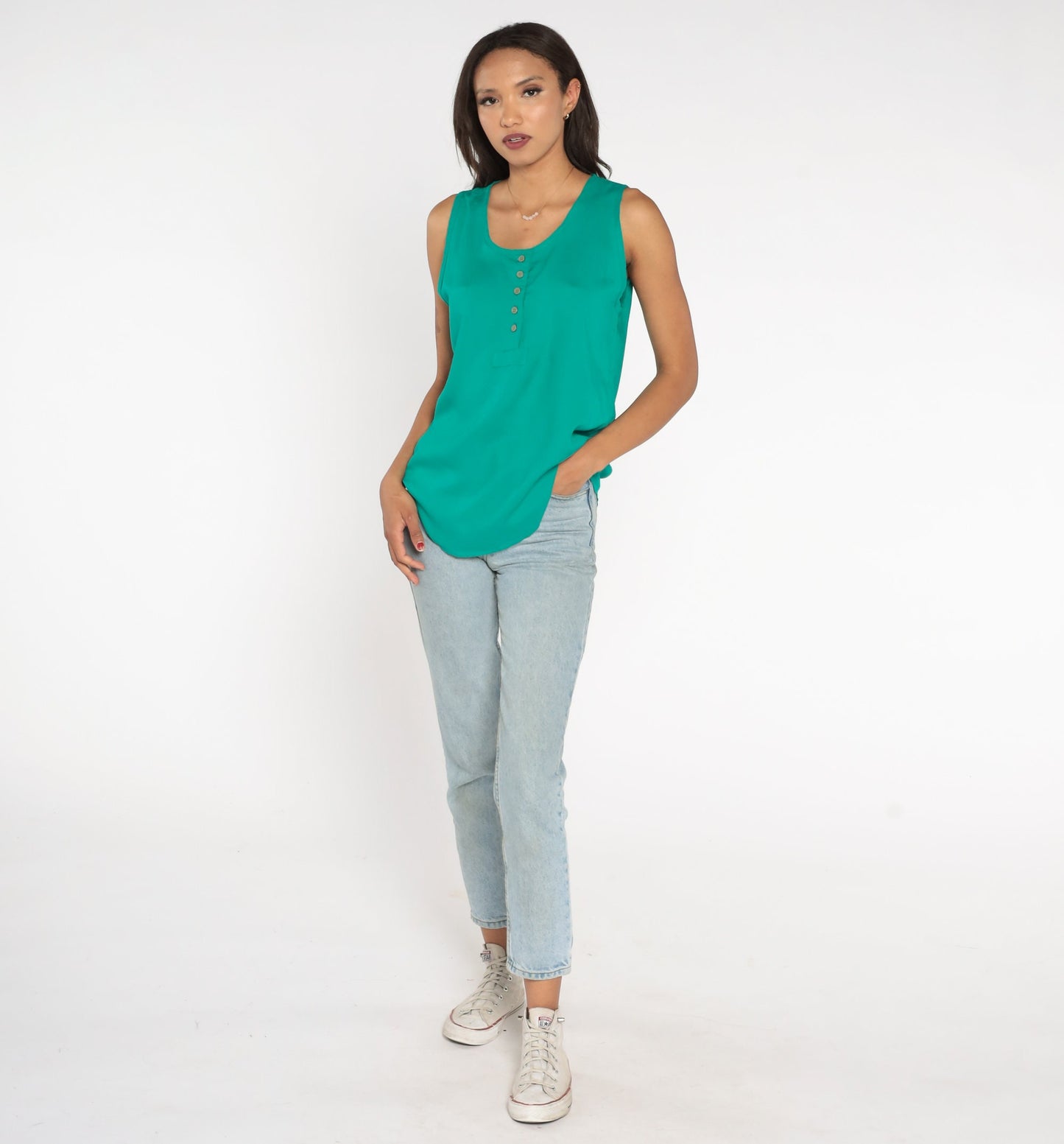 90s Green Henley Tank Top Vintage Button-Up Sleeveless Medium M