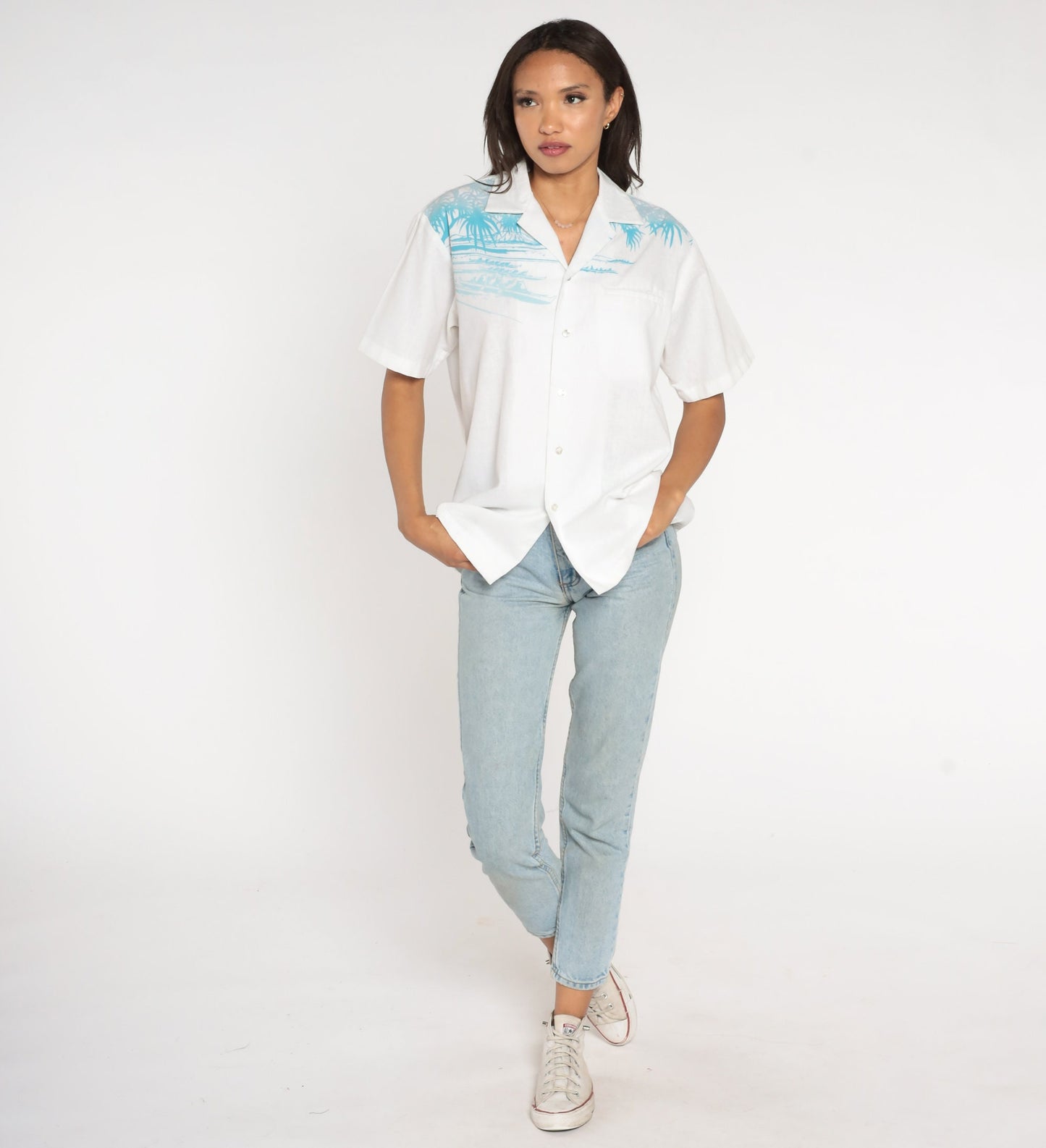 90s Iolani Hawaiian Outrigger Shirt White Button Up Tropical Print Medium