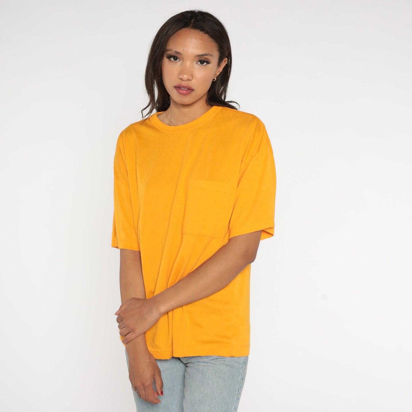 90s Yellow Pocket T-Shirt Cotton Blend Plain Tee Large L