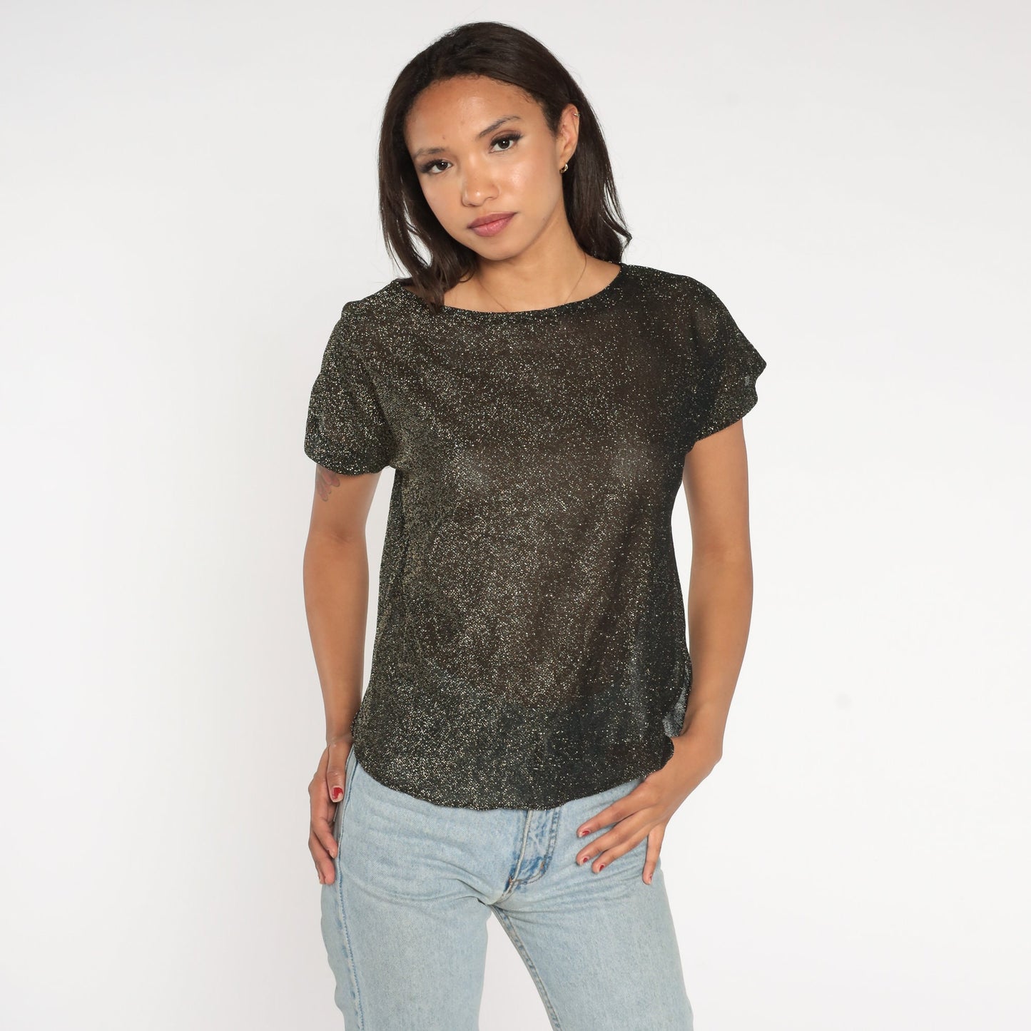 90s Metallic Black Gold Sparkly Blouse Short Sleeve Medium