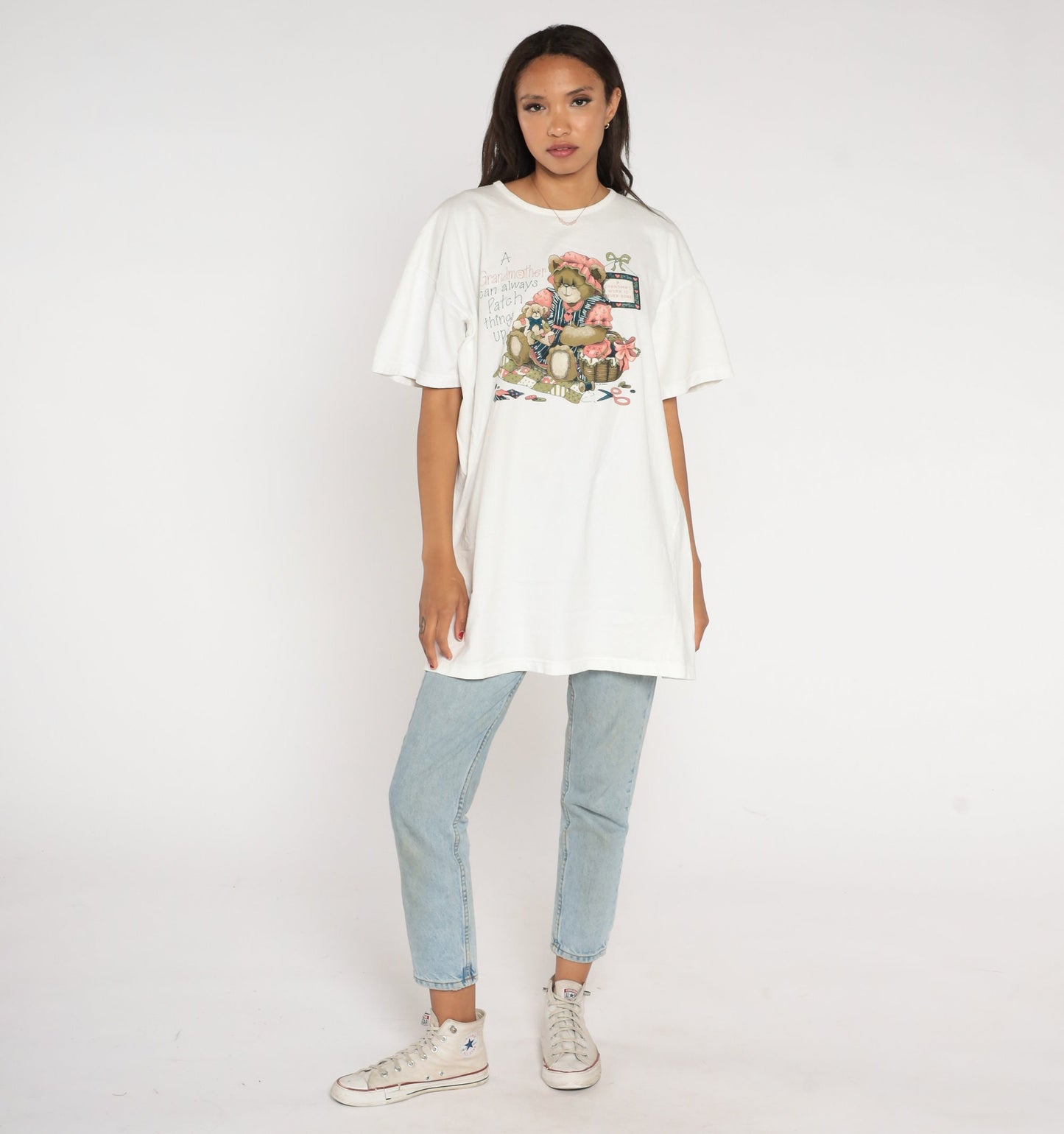 90s Teddy Bear Sewing Graphic T-Shirt White Grandmother Patch Extra Large XL