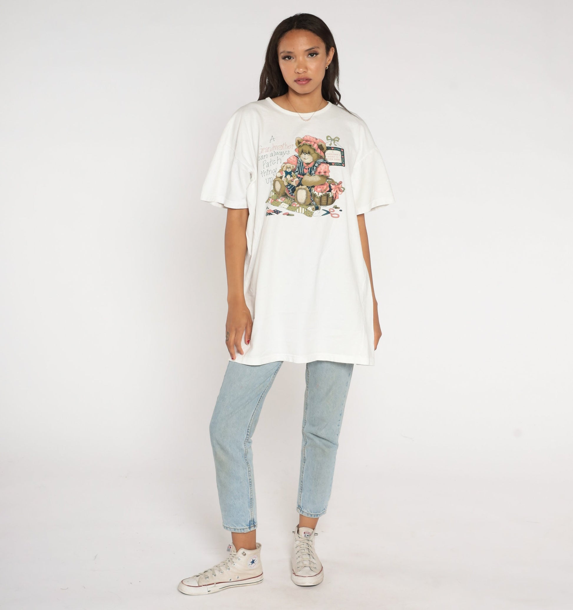90s Teddy Bear Sewing Graphic T-Shirt White Grandmother Patch Extra Large XL