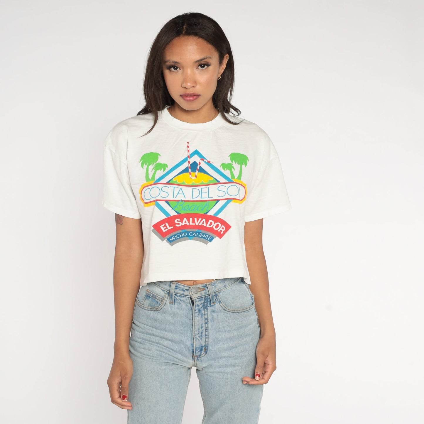 Y2K Costa Del Sol El Salvador Crop Top White Graphic Tee Small Medium