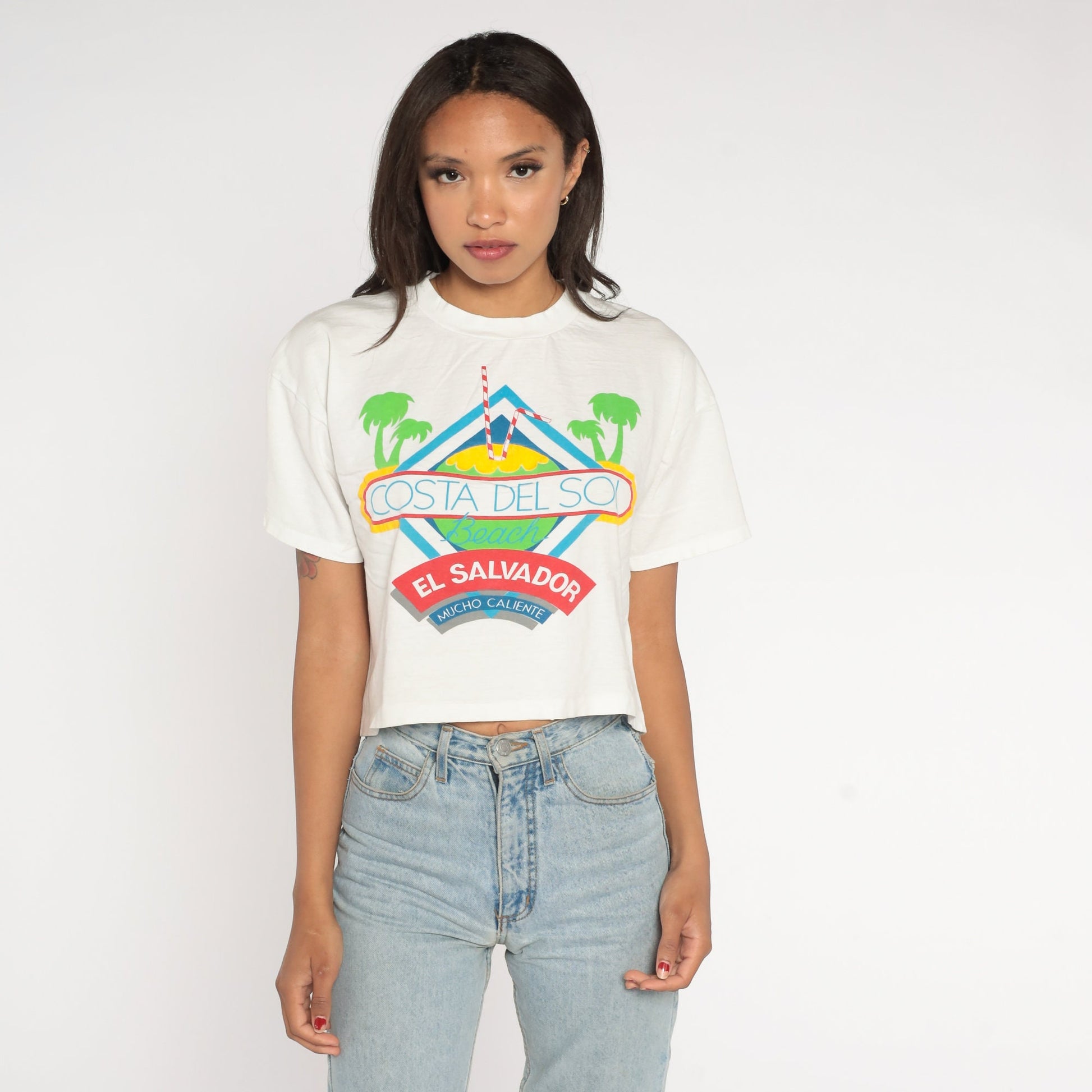 Y2K Costa Del Sol El Salvador Crop Top White Graphic Tee Small Medium