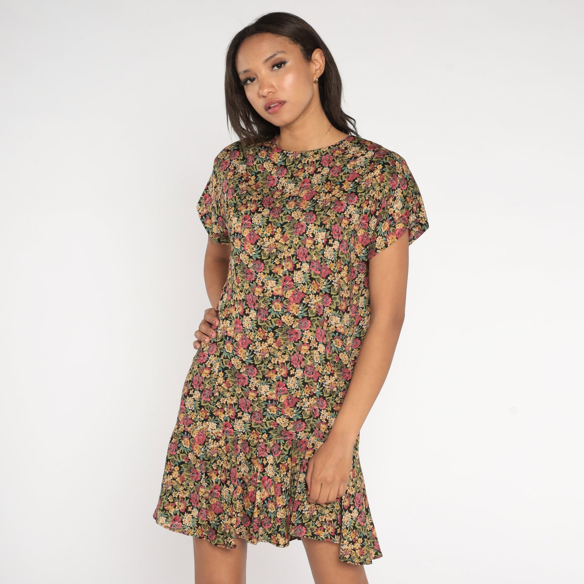 90s Floral Mini Dress Drop Waist Ruffle Short Sleeve Pink Green Large L