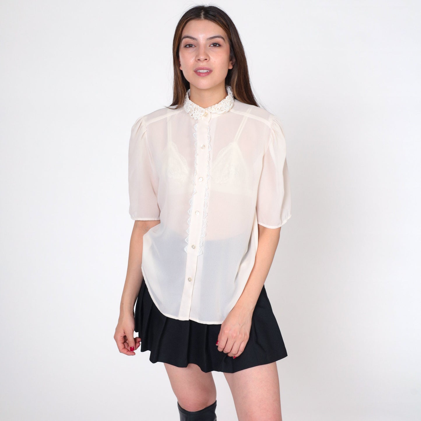 80s White Puff Sleeve Blouse Lace Collar Button-Up Short Sleeve Medium