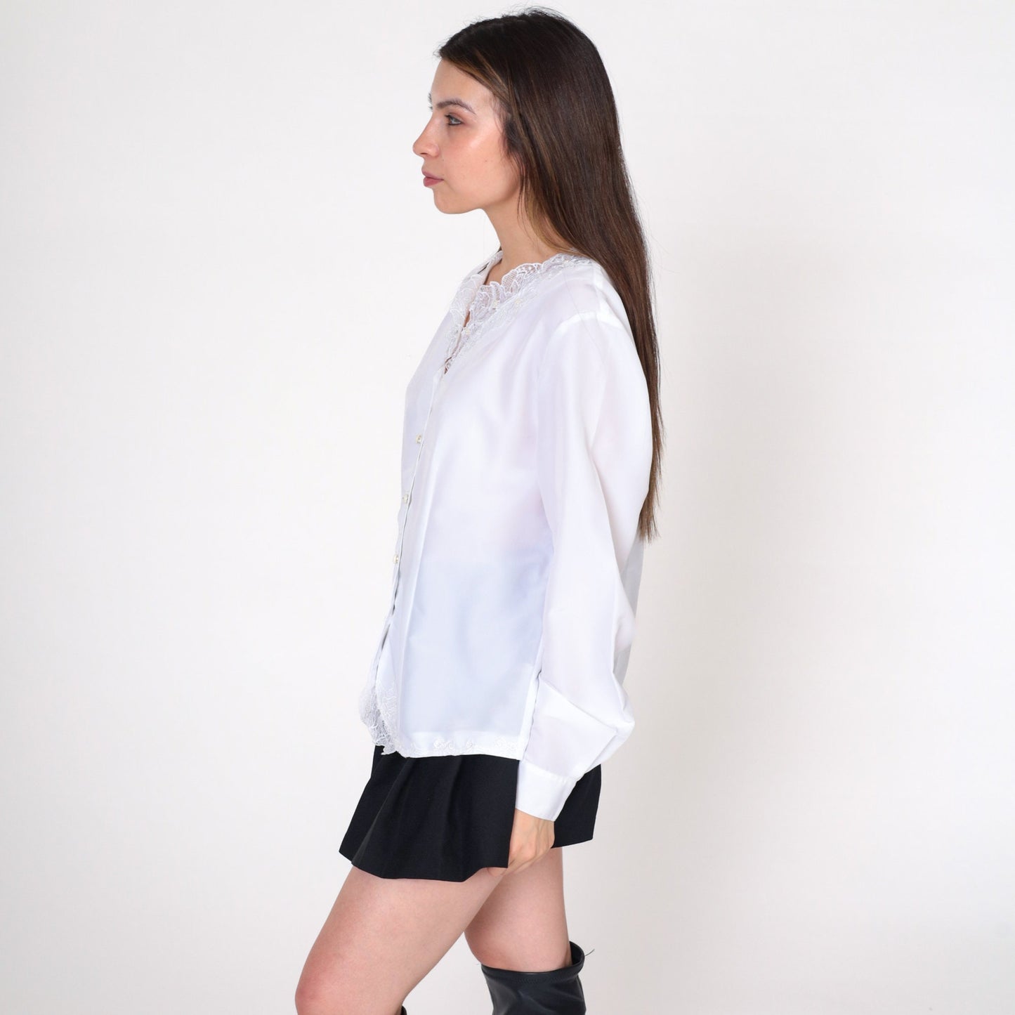 90s Kathie Lee White Beaded Lace Blouse Pearl Rhinestone Button Up Medium