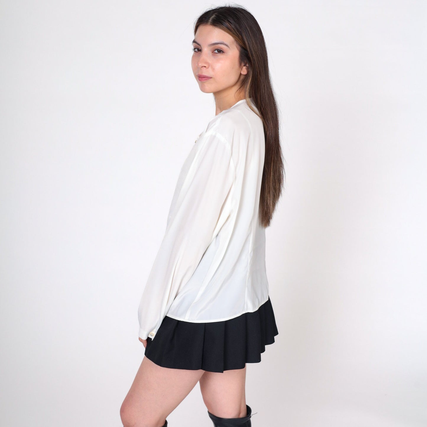 80s White Beaded Lace Blouse Pearl Rhinestone Button Up Long Sleeve Extra Large XL
