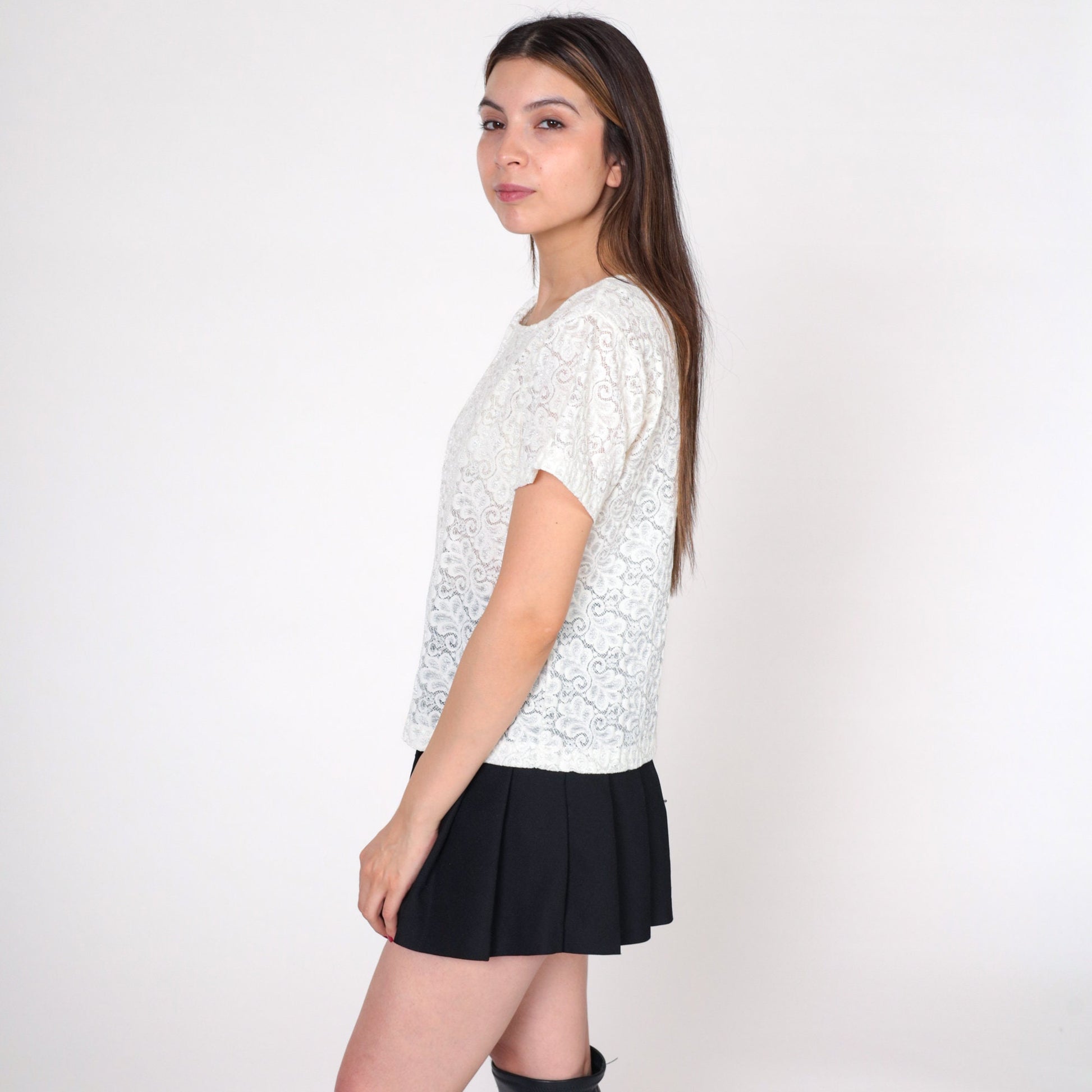 90s White Lace Blouse Sheer Short Sleeve Cotton Top Medium