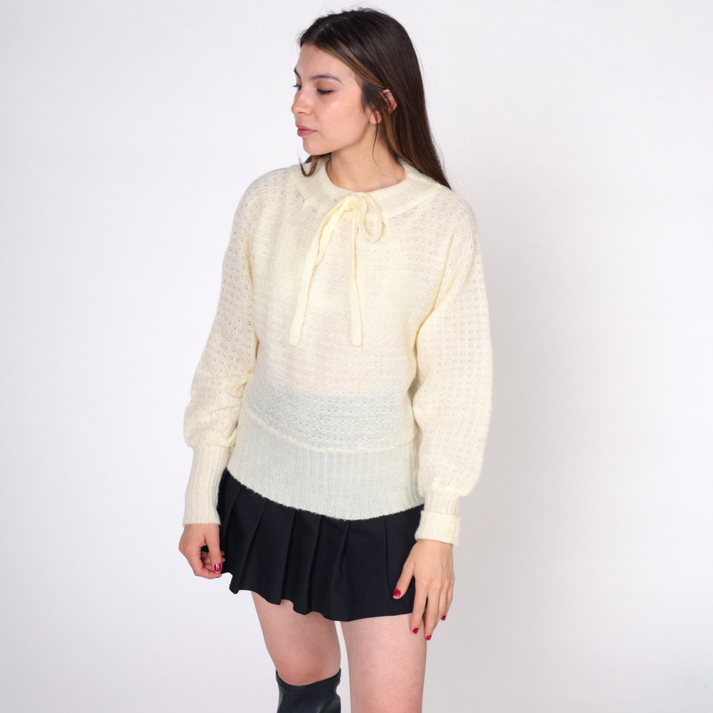 80s Cream Pointelle Knit Sweater Bow Neck Cutout Small