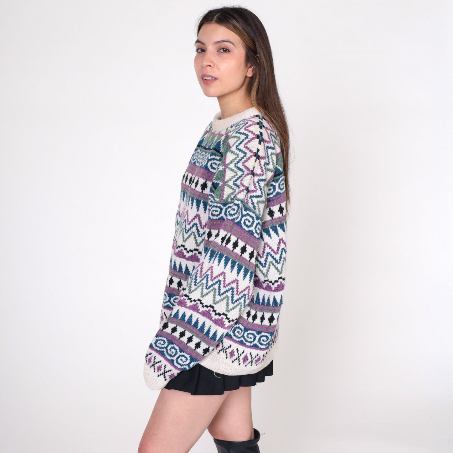 Y2K Geometric Striped Pullover Sweater White Jacquard Knit Extra Large XXL